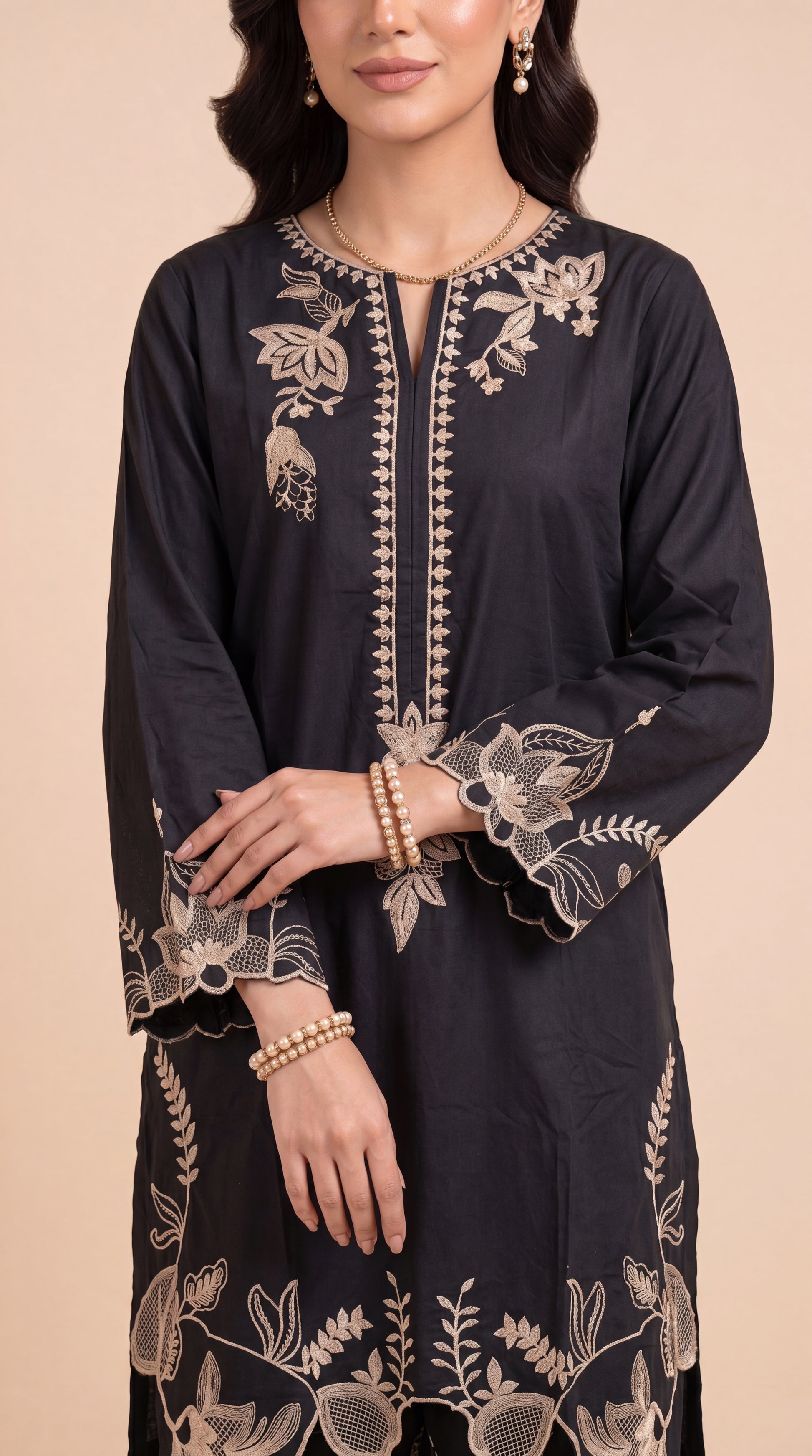 Women's Black Embroidered Suit PE01198 | Contrast Floral Border & Scallop Hem | 2 Piece | Premium Cotton BLACK / SML