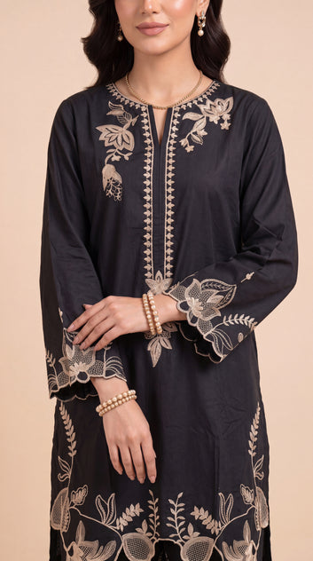 Women's Black Embroidered Suit PE01198 | Contrast Floral Border & Scallop Hem | 2 Piece | Premium Cotton BLACK / SML