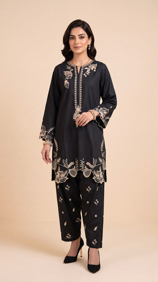 Women's Black Embroidered Suit PE01198 | Contrast Floral Border & Scallop Hem | 2 Piece | Premium Cotton BLACK / SML
