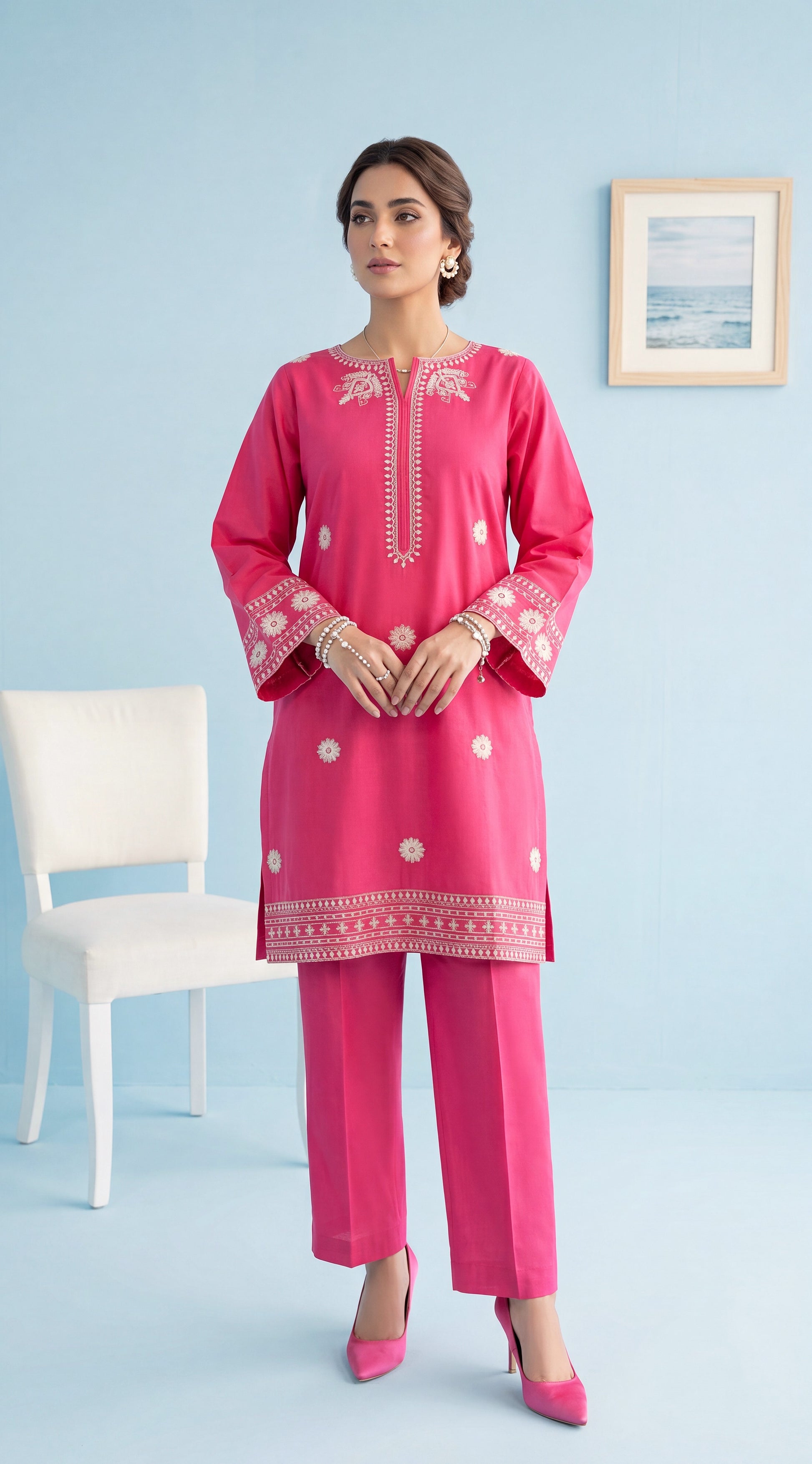Women's Shocking Pink Suit PE01199 | White Embroidered Borders & Floral Motifs | 2 Piece | Soft Lawn SHOKING PINK / SML