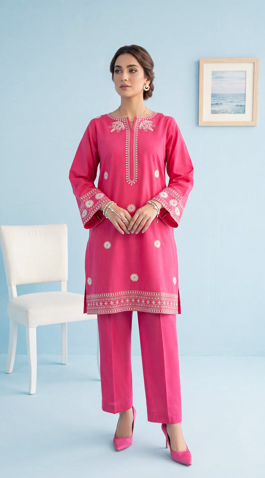 Women's Shocking Pink Suit PE01199 | White Embroidered Borders & Floral Motifs | 2 Piece | Soft Lawn SHOKING PINK / SML