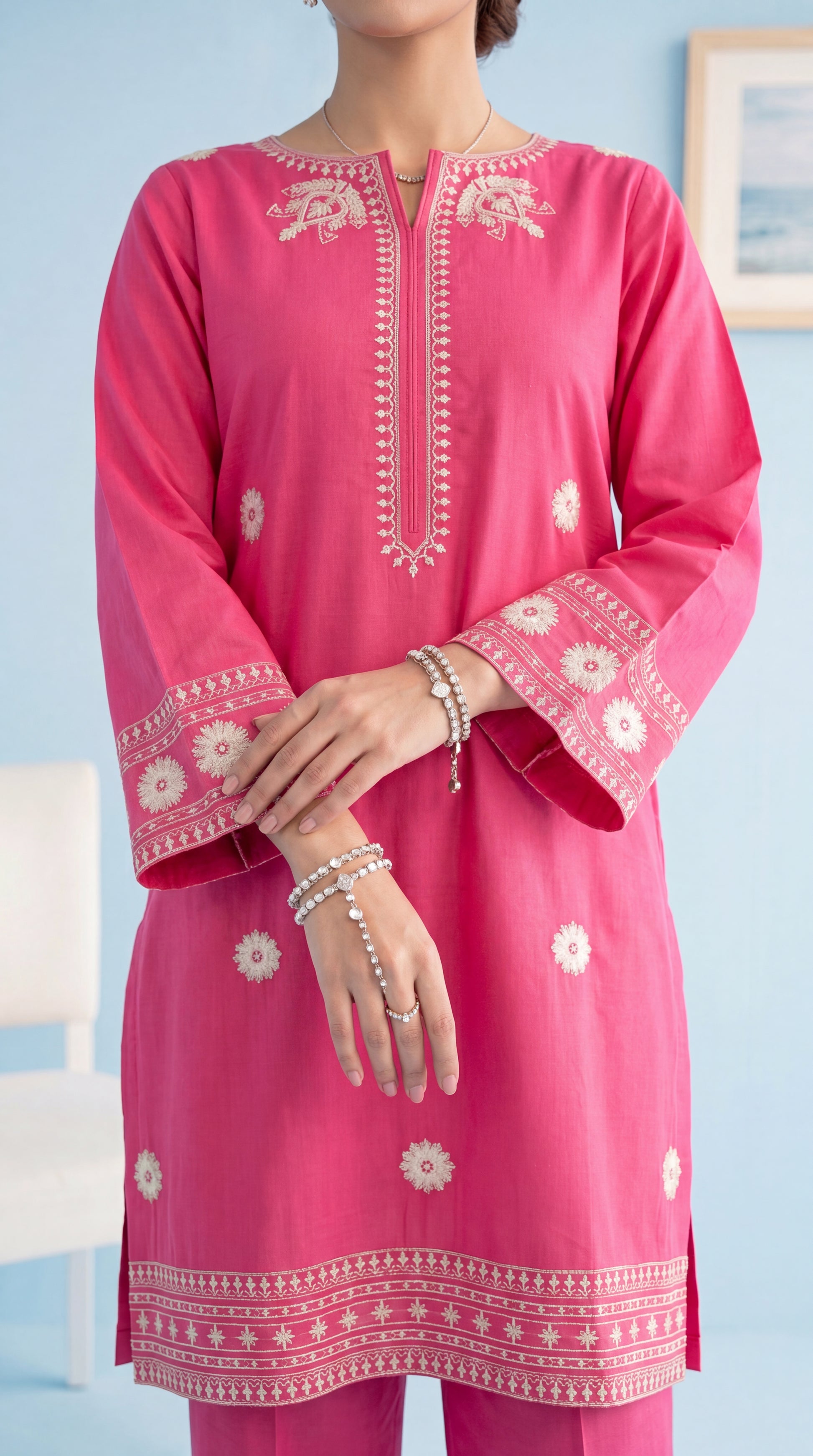 Women's Shocking Pink Suit PE01199 | White Embroidered Borders & Floral Motifs | 2 Piece | Soft Lawn SHOKING PINK / SML