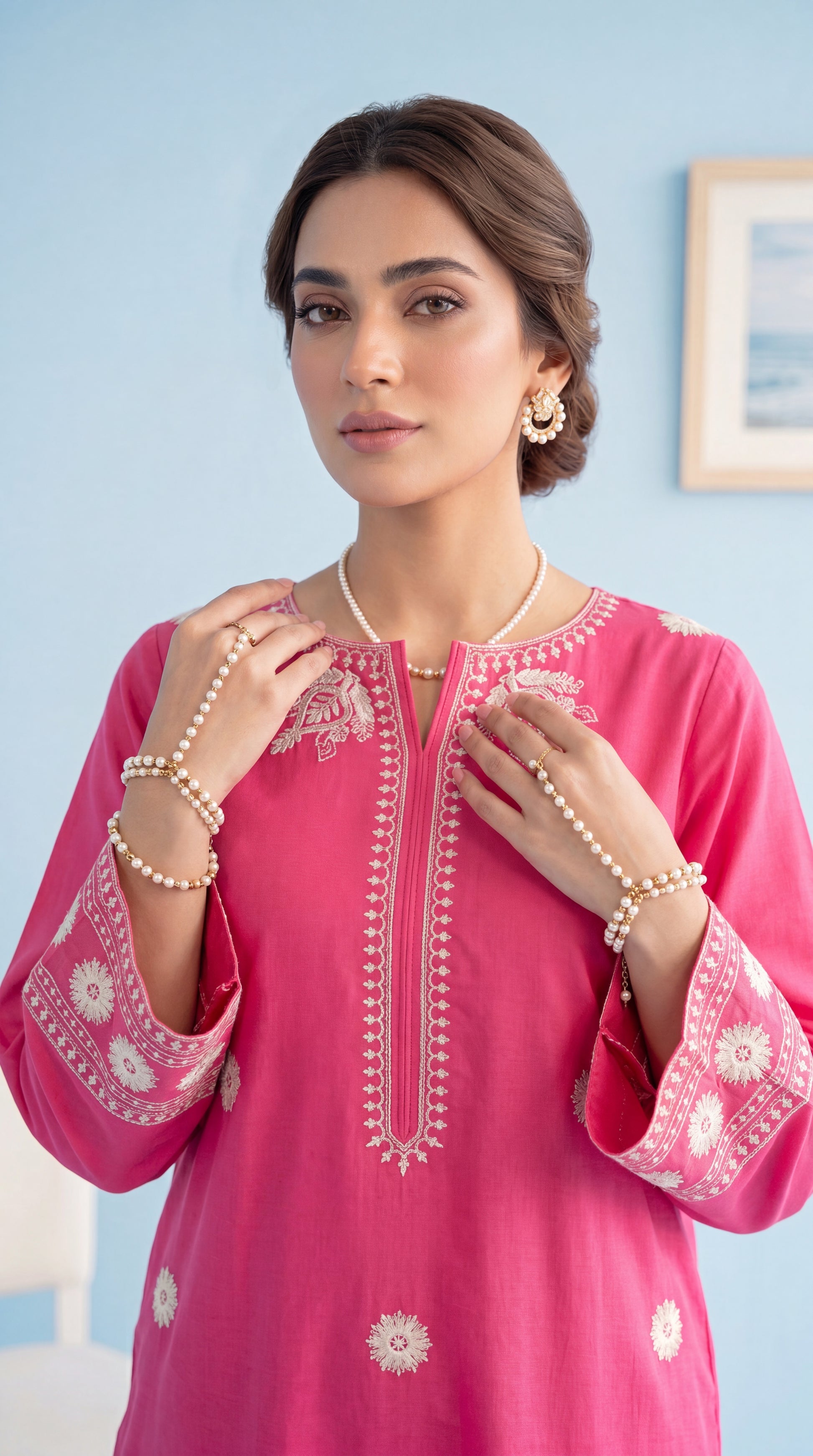 Women's Shocking Pink Suit PE01199 | White Embroidered Borders & Floral Motifs | 2 Piece | Soft Lawn SHOKING PINK / SML