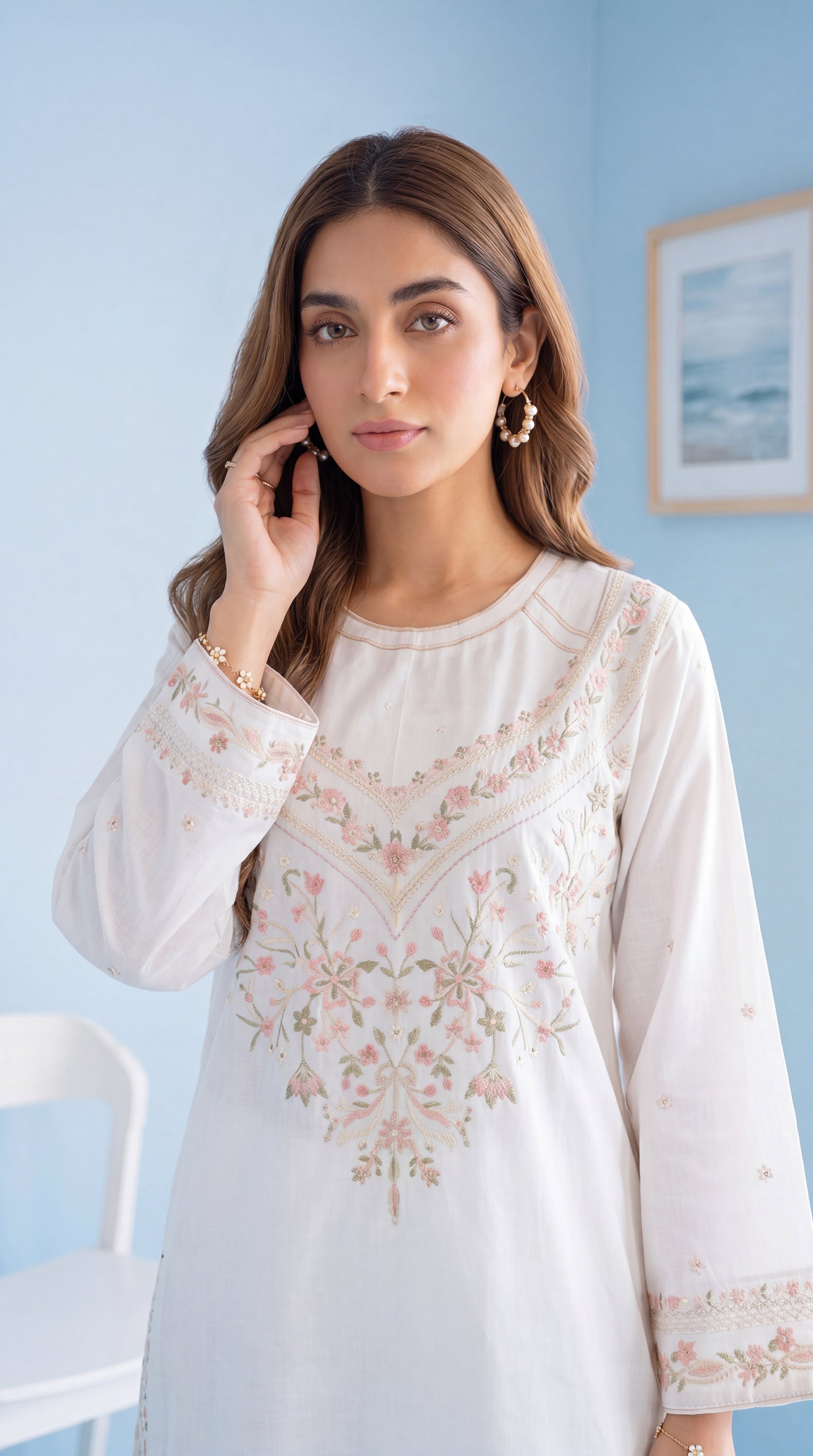 Women's White Floral Kurta Set PE01200 | Pastel Threadwork & Embroidered Cuffs | 2 Piece | Cotton Lawn WHITE / SML