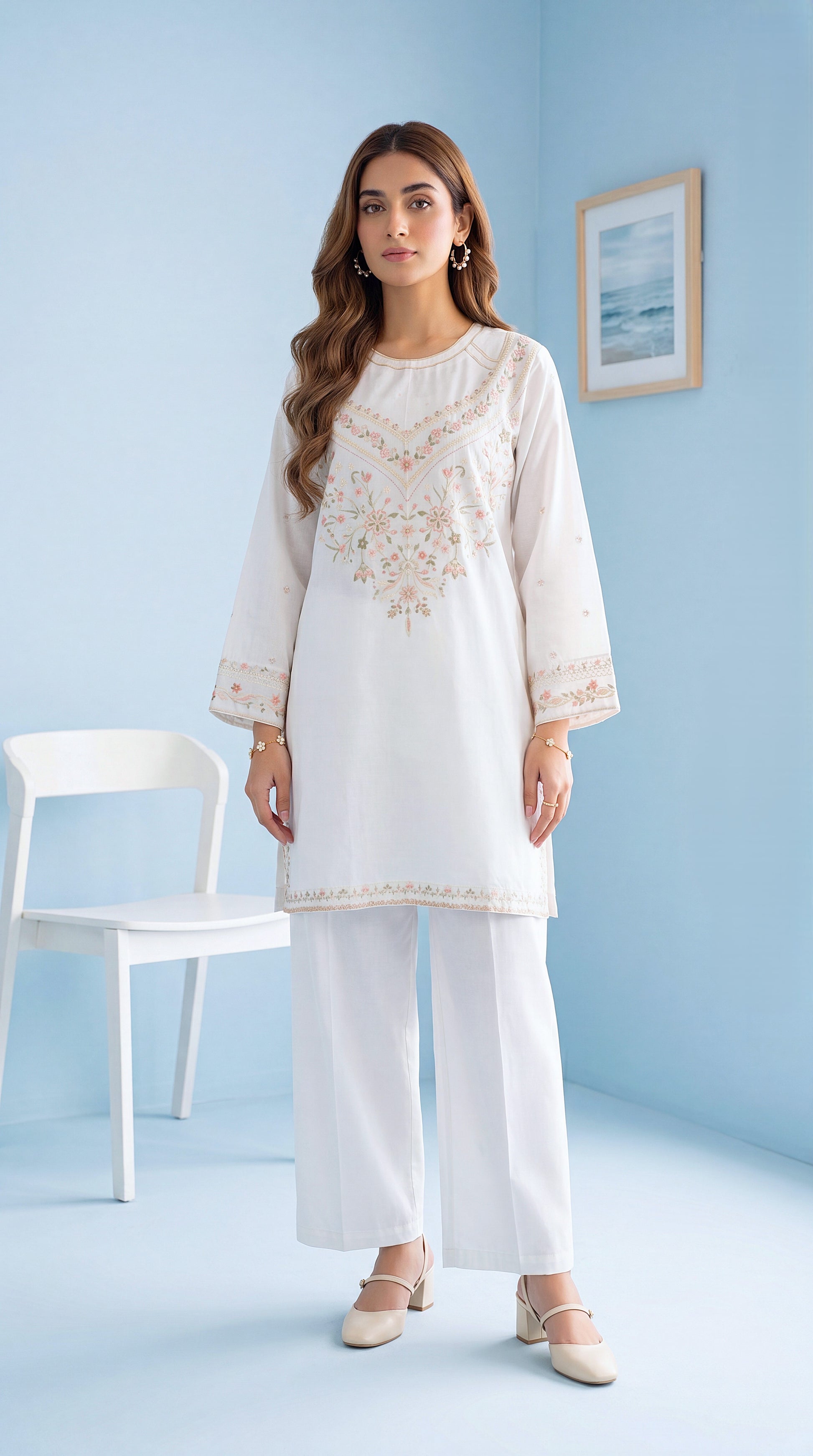 Women's White Floral Kurta Set PE01200 | Pastel Threadwork & Embroidered Cuffs | 2 Piece | Cotton Lawn WHITE / SML