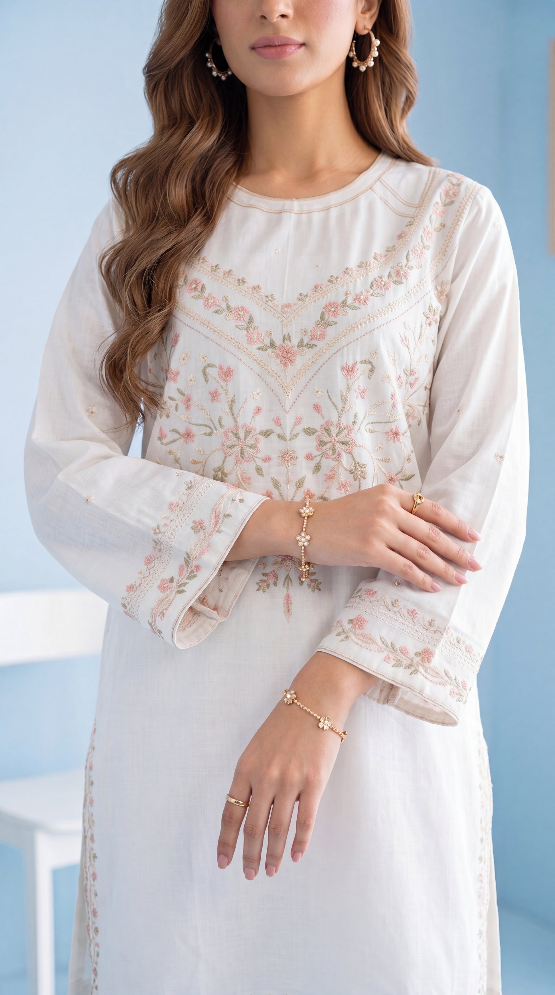 Women's White Floral Kurta Set PE01200 | Pastel Threadwork & Embroidered Cuffs | 2 Piece | Cotton Lawn WHITE / SML