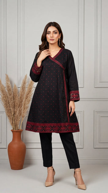Embroidered Lawn Kurta Set PE01220 Contrast Embroidery & Border Detail 2 Piece BLACK / SML