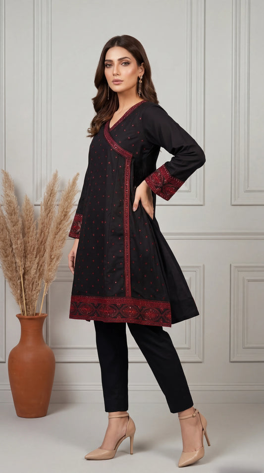 Embroidered Lawn Kurta Set PE01220 Contrast Embroidery & Border Detail 2 Piece BLACK / SML