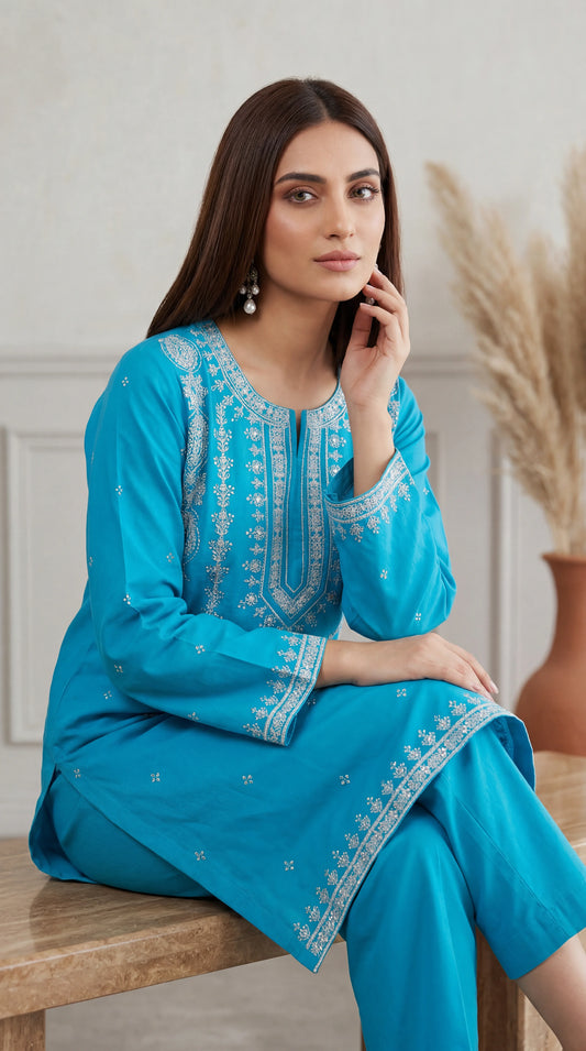 Embroidered Lawn Kurta Set PE01221 Traditional Embroidery Motif 2 Piece FEROOZY / SML