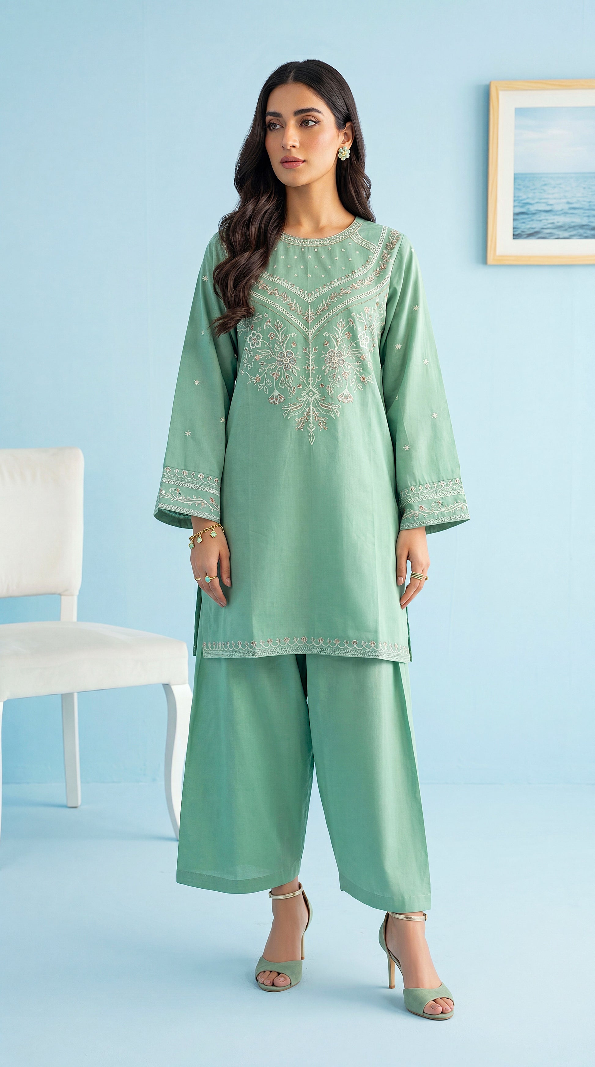 Women's Mint Green Embroidered Suit PE01223 | Yoke Threadwork & Wide Leg Trouser | 2 Piece | Cotton Texture GREEN / SML