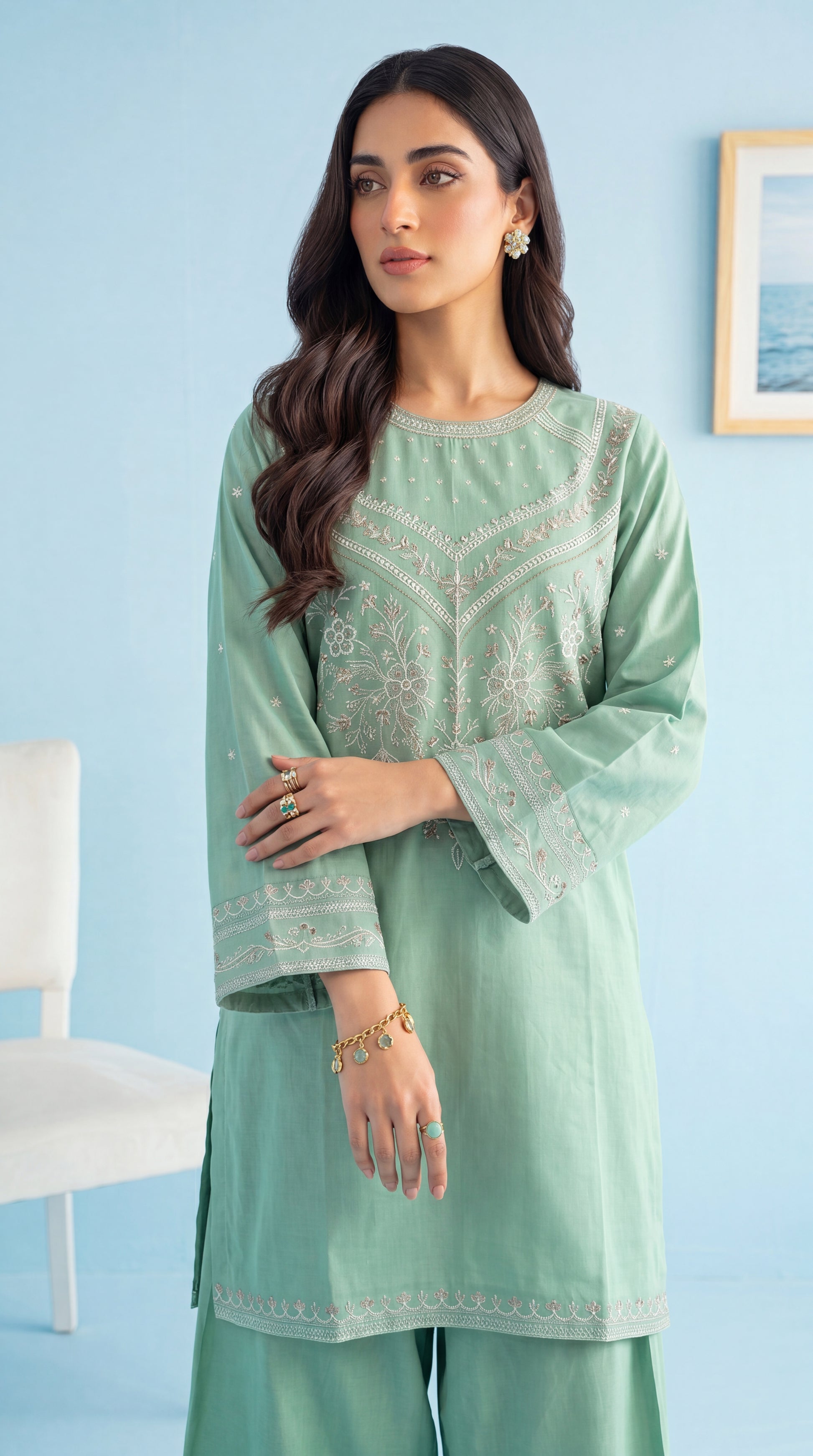 Women's Mint Green Embroidered Suit PE01223 | Yoke Threadwork & Wide Leg Trouser | 2 Piece | Cotton Texture GREEN / SML