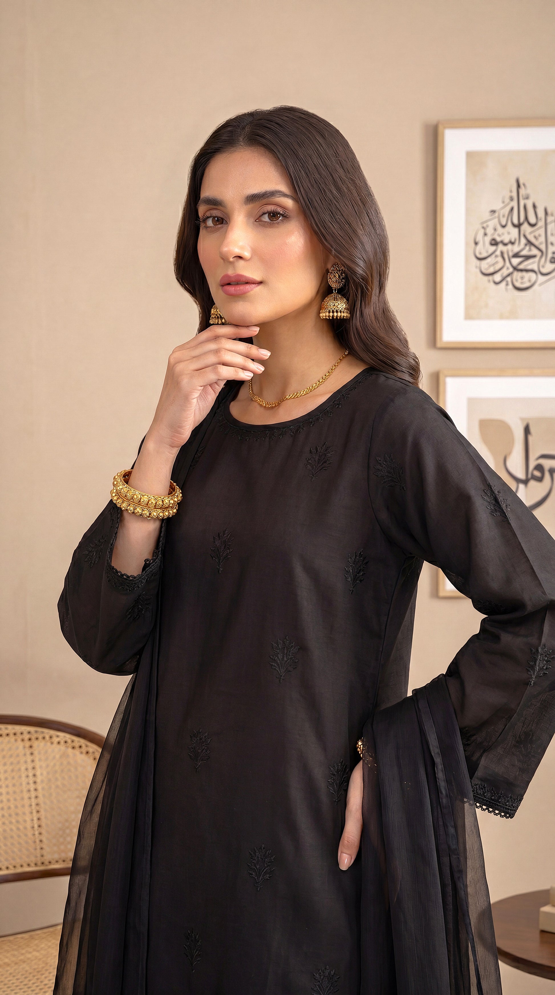 Women's Classic Black Suit PE01239 | Tonal Embroidery & Sheer Dupatta | 3 Piece | Chiffon Lawn BLACK / SML