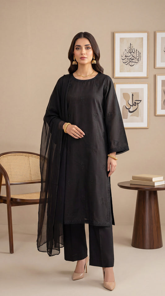 Women's Classic Black Suit PE01239 | Tonal Embroidery & Sheer Dupatta | 3 Piece | Chiffon Lawn BLACK / SML