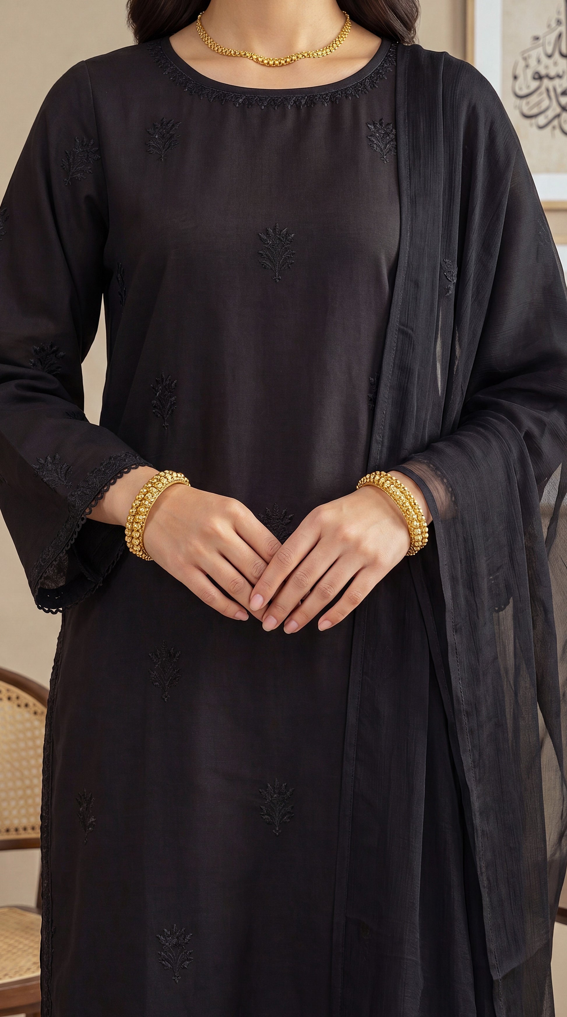 Women's Classic Black Suit PE01239 | Tonal Embroidery & Sheer Dupatta | 3 Piece | Chiffon Lawn BLACK / SML
