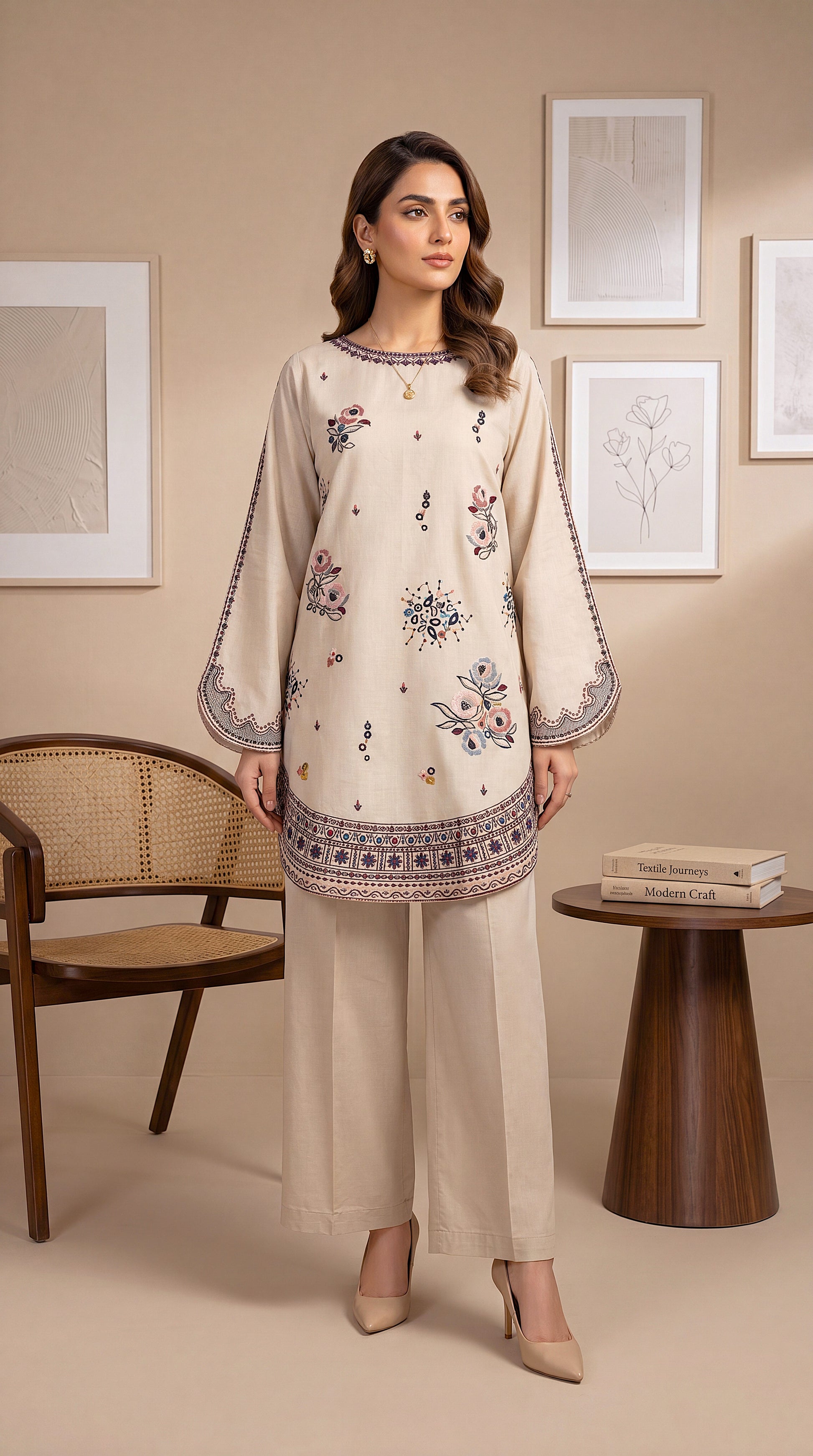 Women's Beige Floral Suit PE01241 | Multicolor Floral Embroidery & Border Finish | 2 Piece | Cambric Texture BAGE / SML