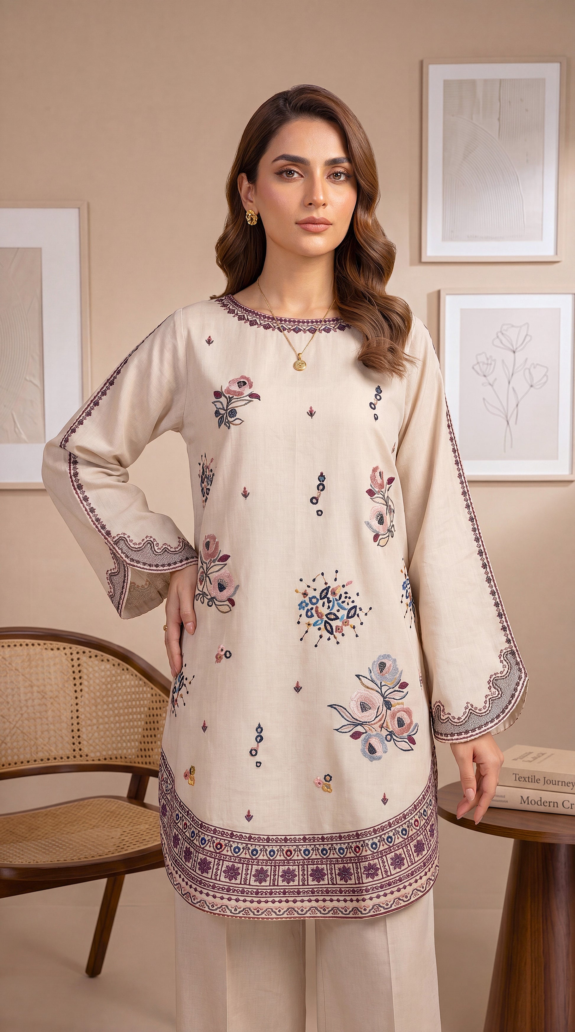 Women's Beige Floral Suit PE01241 | Multicolor Floral Embroidery & Border Finish | 2 Piece | Cambric Texture BAGE / SML