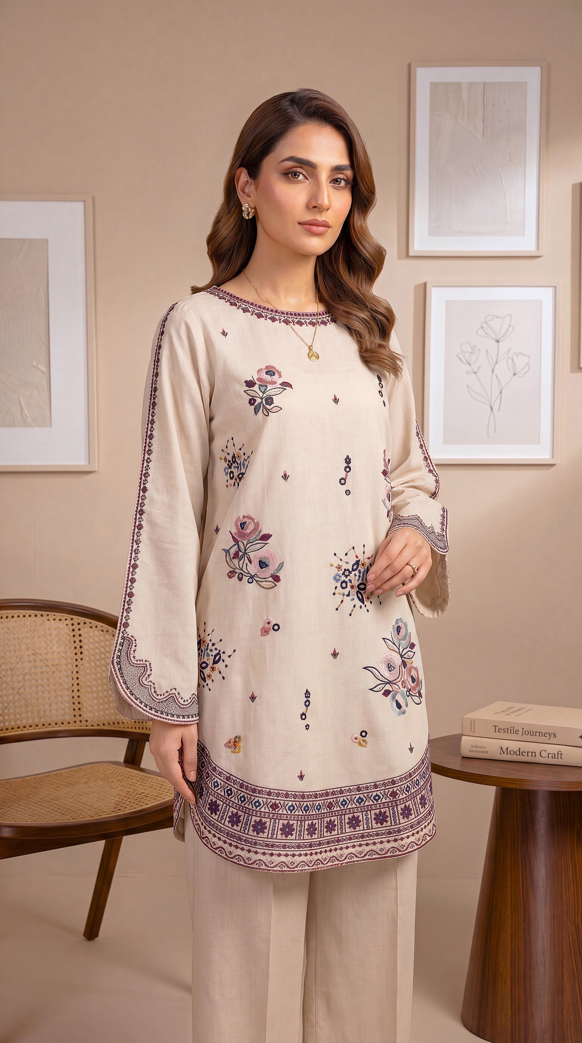 Women's Beige Floral Suit PE01241 | Multicolor Floral Embroidery & Border Finish | 2 Piece | Cambric Texture BAGE / SML