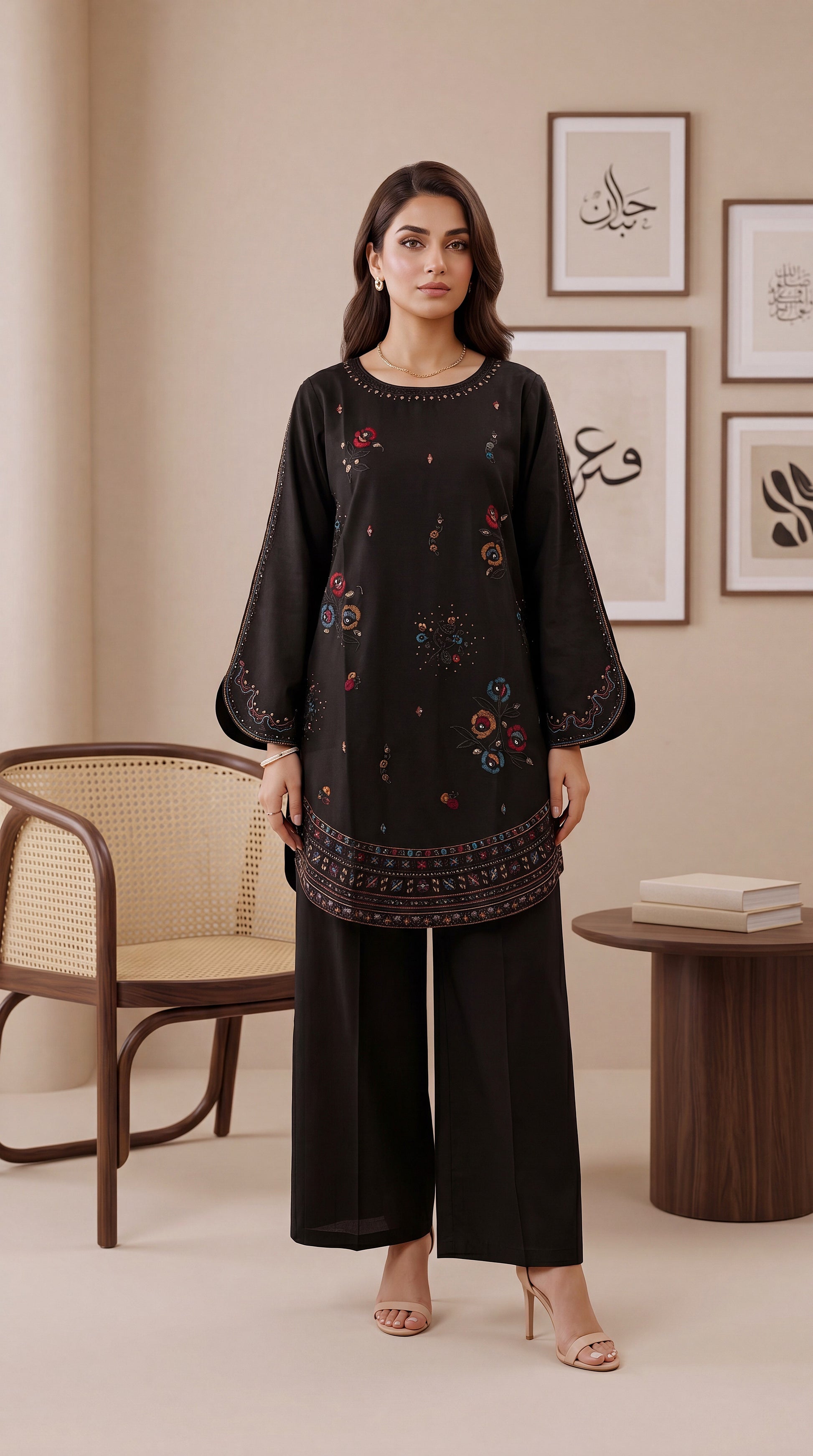 Women's Beige Floral Suit PE01241 | Multicolor Floral Embroidery & Border Finish | 2 Piece | Cambric Texture BLACK / SML