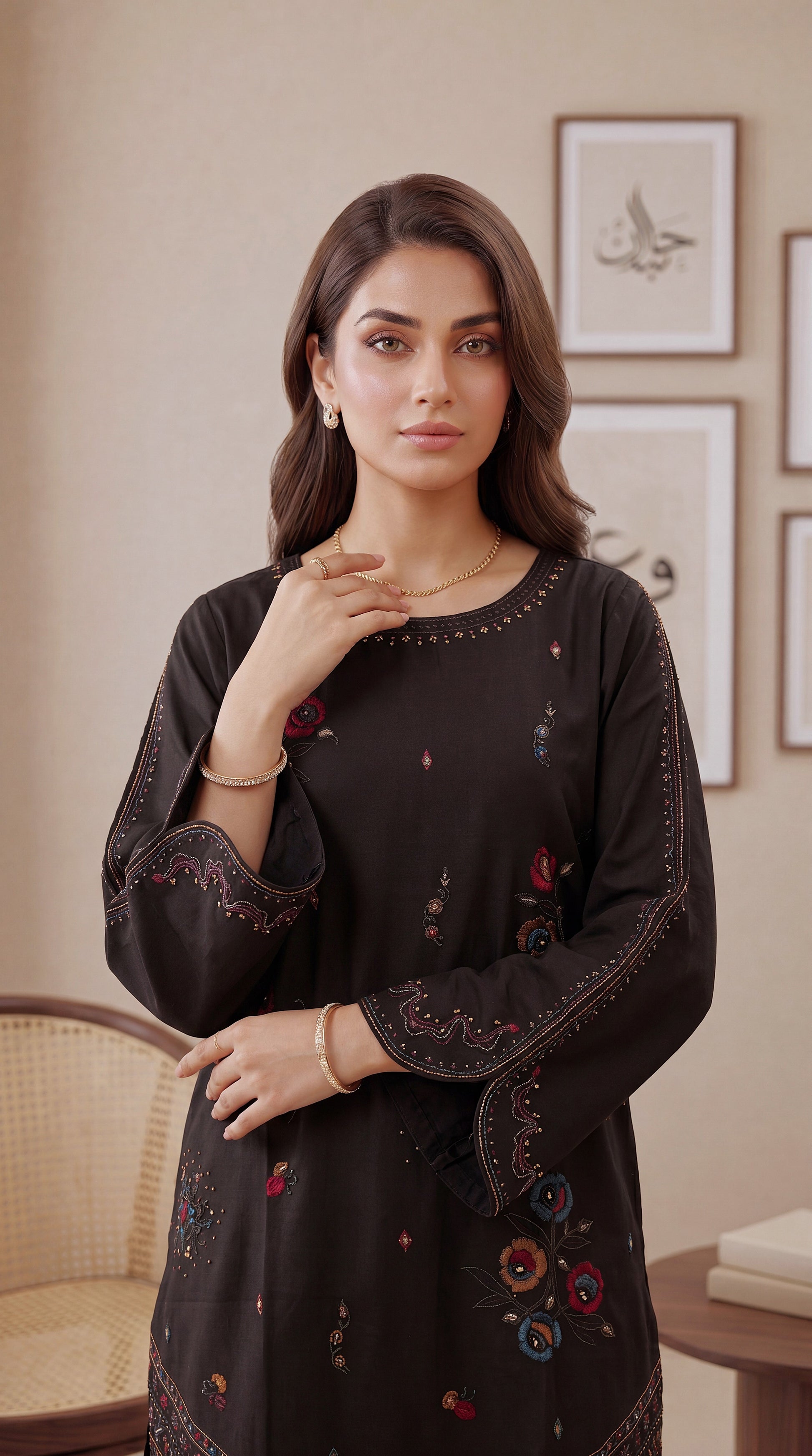 Women's Beige Floral Suit PE01241 | Multicolor Floral Embroidery & Border Finish | 2 Piece | Cambric Texture BLACK / SML