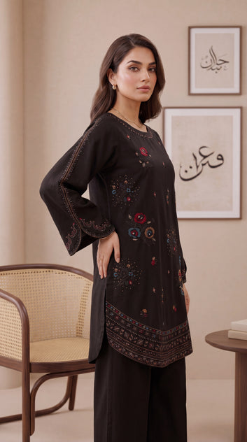 Women's Beige Floral Suit PE01241 | Multicolor Floral Embroidery & Border Finish | 2 Piece | Cambric Texture BLACK / SML