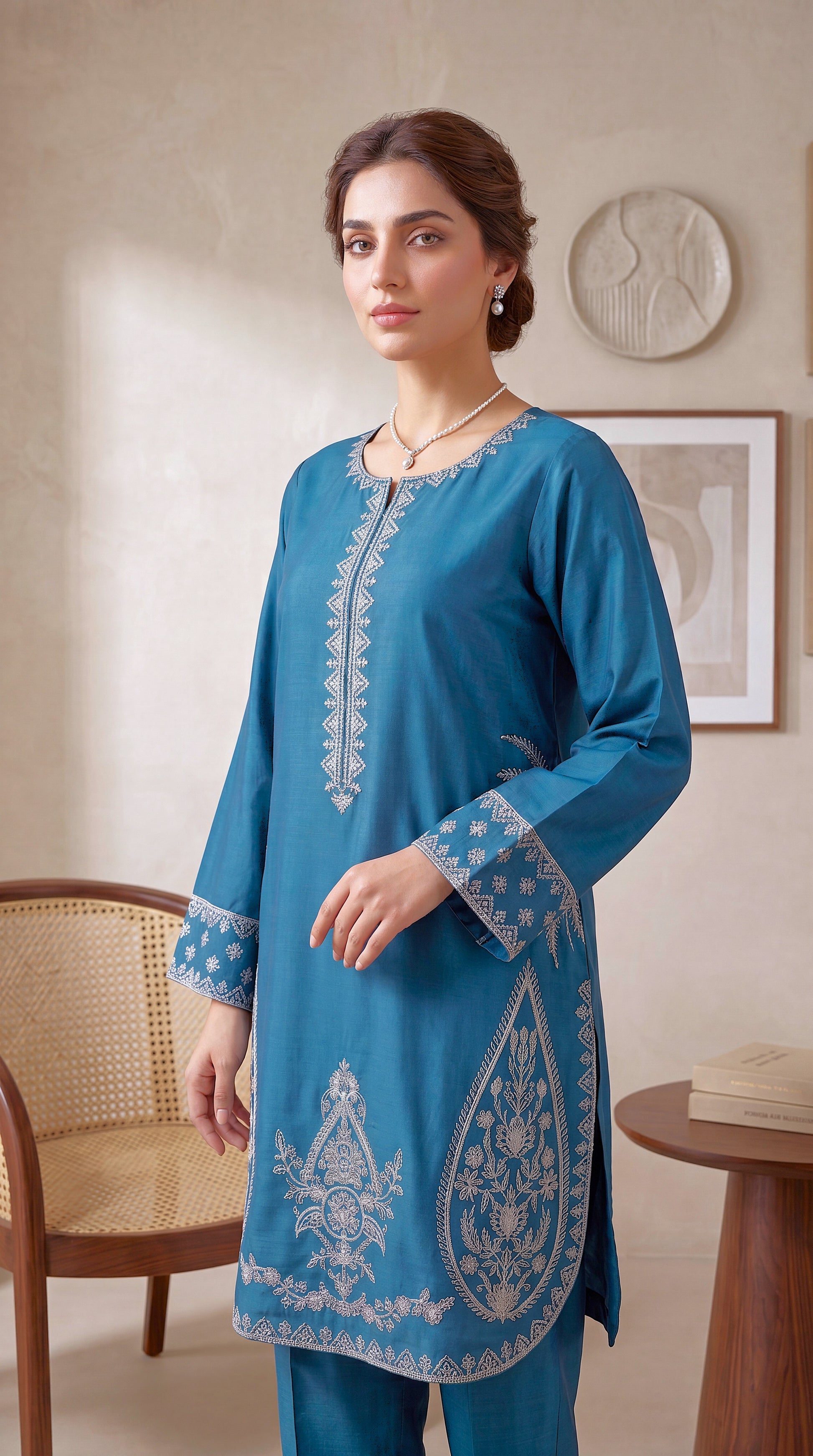 Women's Teal Blue Embroidered Suit PE01242 | Paisley Motifs & Border Trouser | 2 Piece | Slub Cotton ZINK / SML