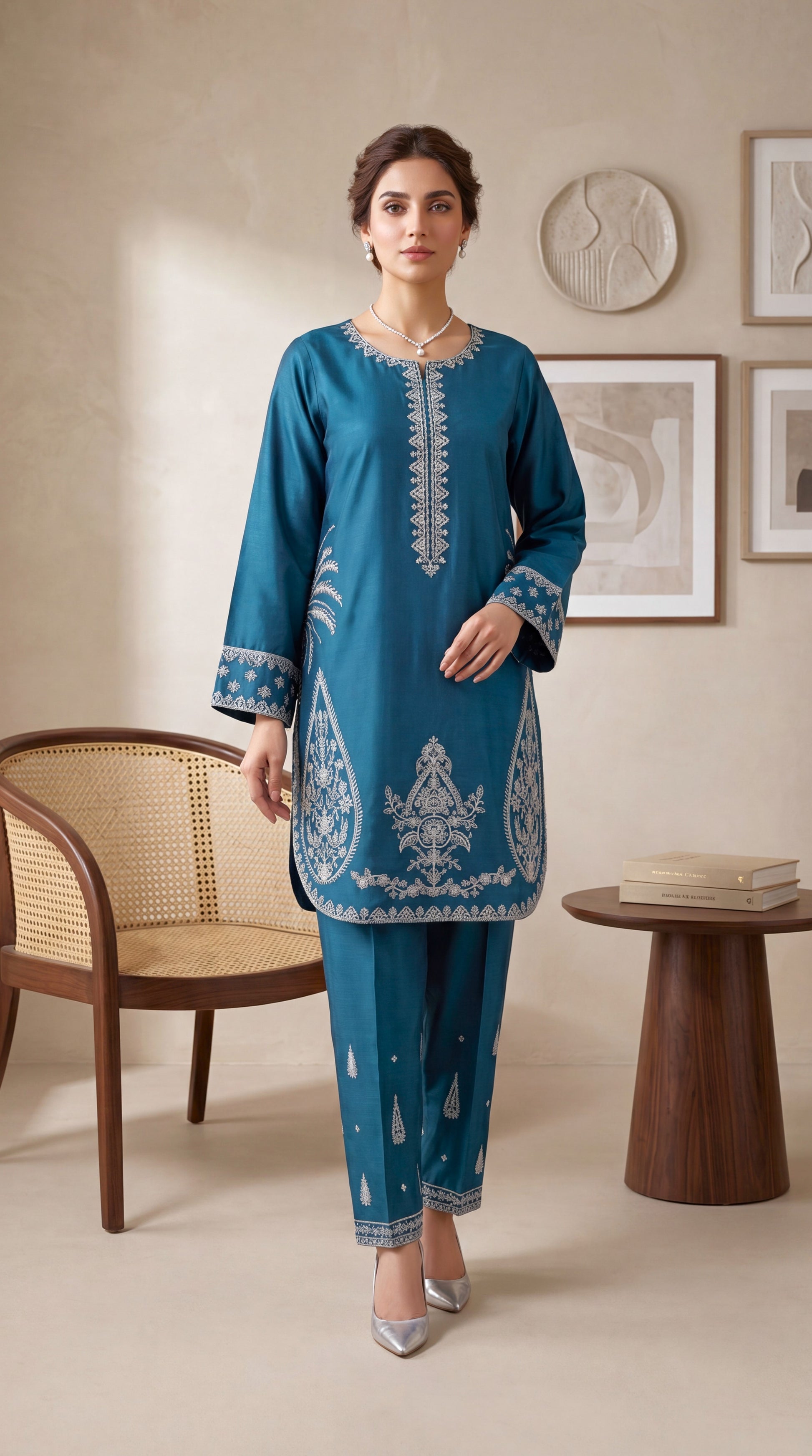 Women's Teal Blue Embroidered Suit PE01242 | Paisley Motifs & Border Trouser | 2 Piece | Slub Cotton ZINK / SML