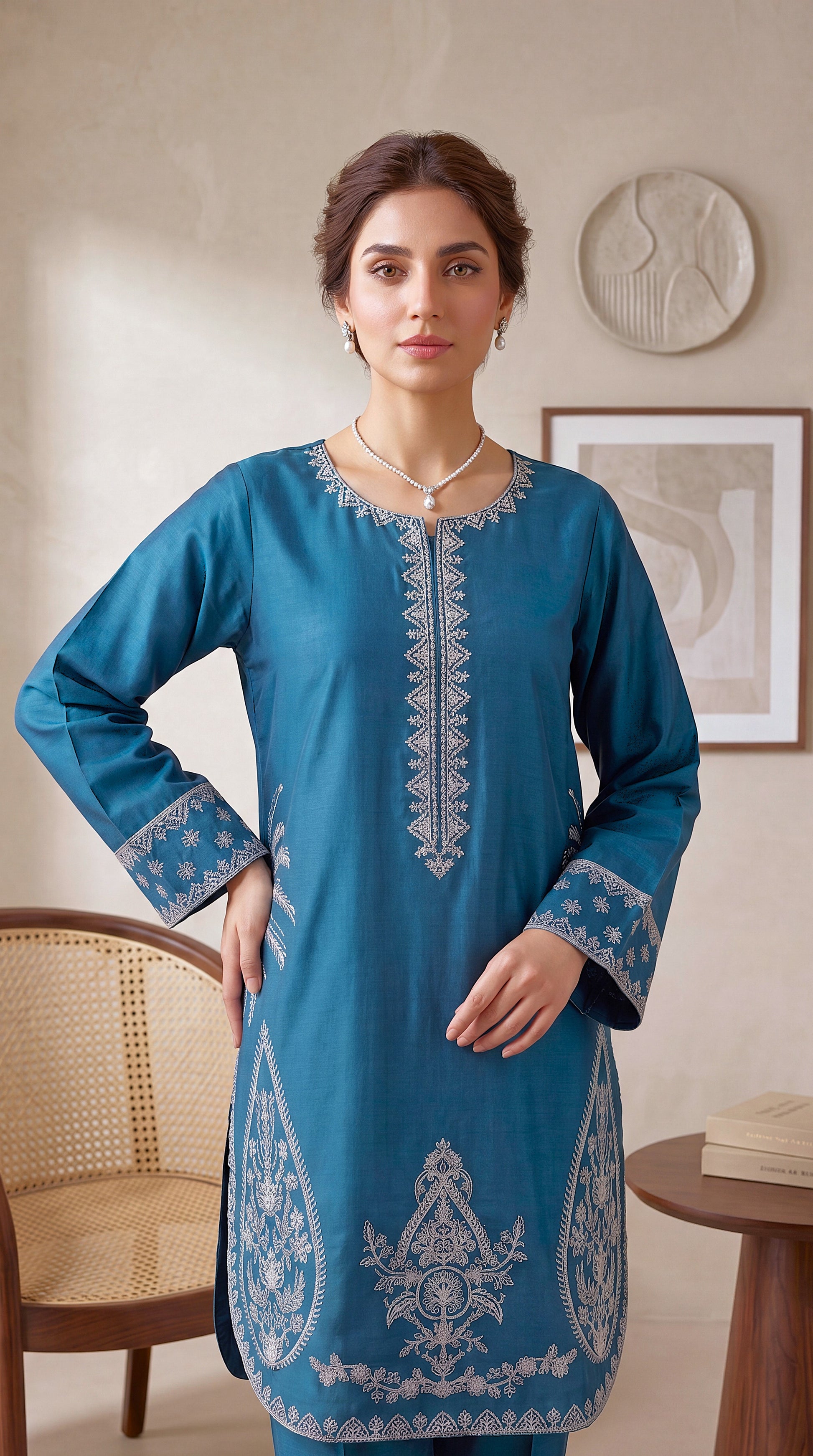 Women's Teal Blue Embroidered Suit PE01242 | Paisley Motifs & Border Trouser | 2 Piece | Slub Cotton ZINK / SML