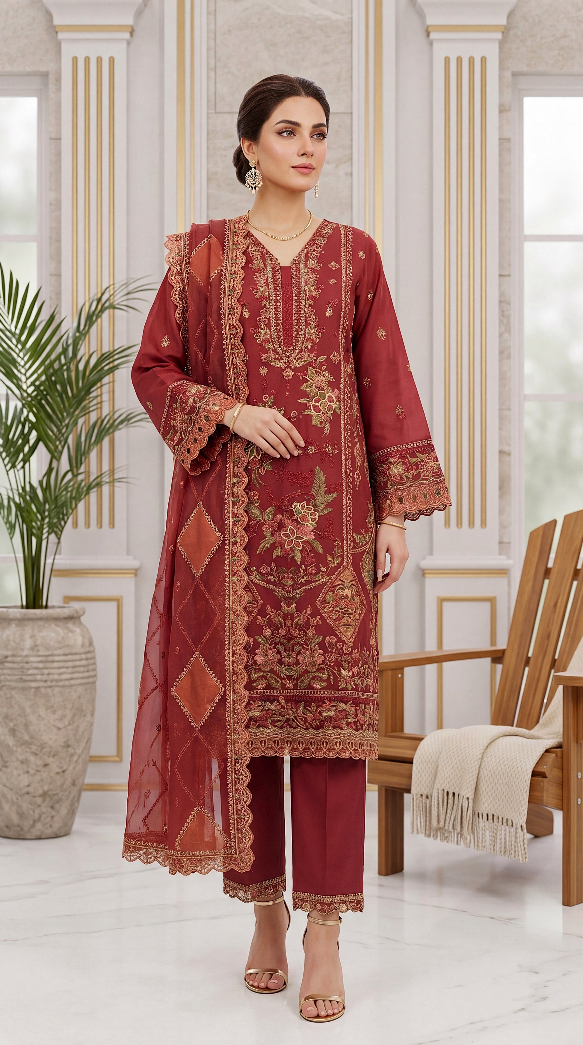 Sage Green Cutwork Hem & Pastel Fashion 3 Piece Women Suit - PL00385 RED / SML