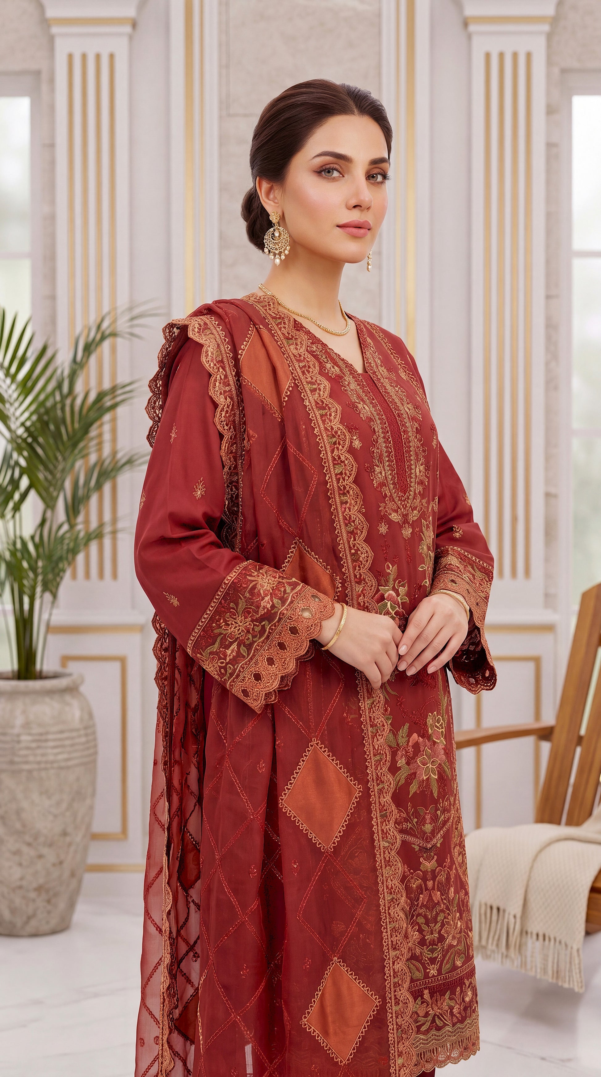 Sage Green Cutwork Hem & Pastel Fashion 3 Piece Women Suit - PL00385 RED / SML