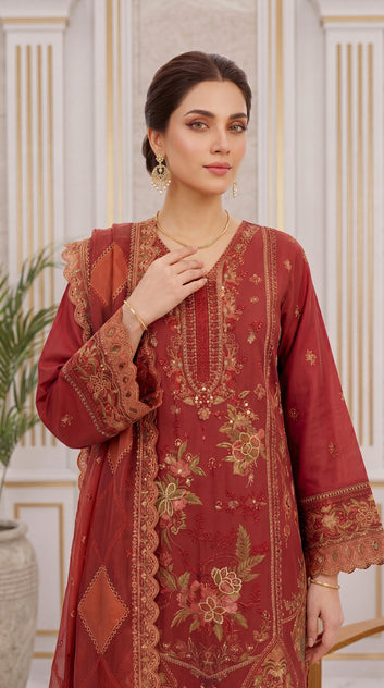 Sage Green Cutwork Hem & Pastel Fashion 3 Piece Women Suit - PL00385 RED / SML