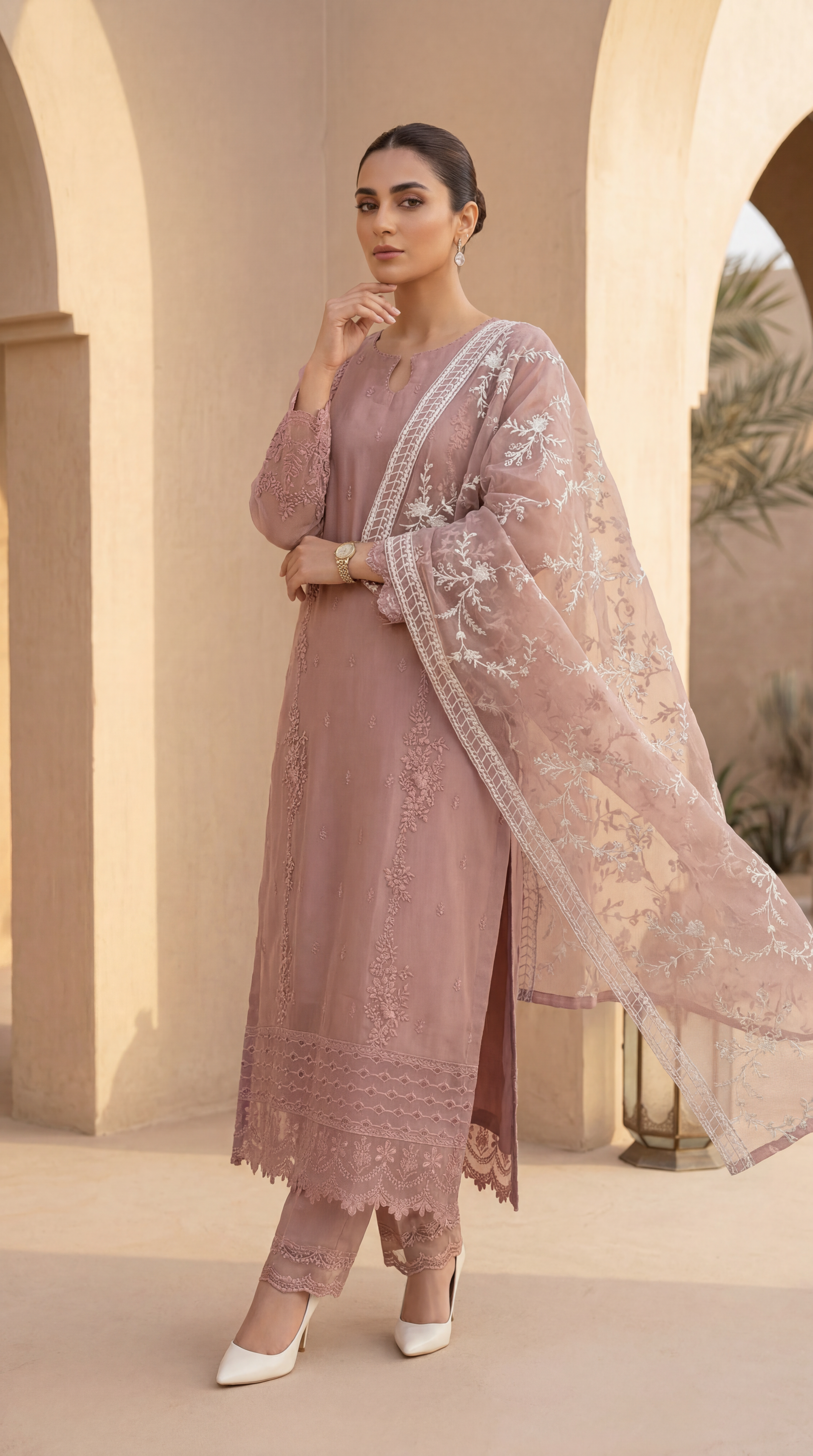 Ladies 3 Pc Embroidered  Suit Crimson Grace   - PL00573 PINK / SML