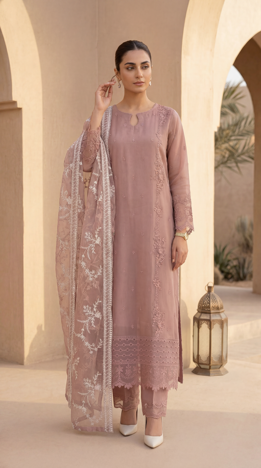 Ladies 3 Pc Embroidered  Suit Crimson Grace   - PL00573 PINK / SML