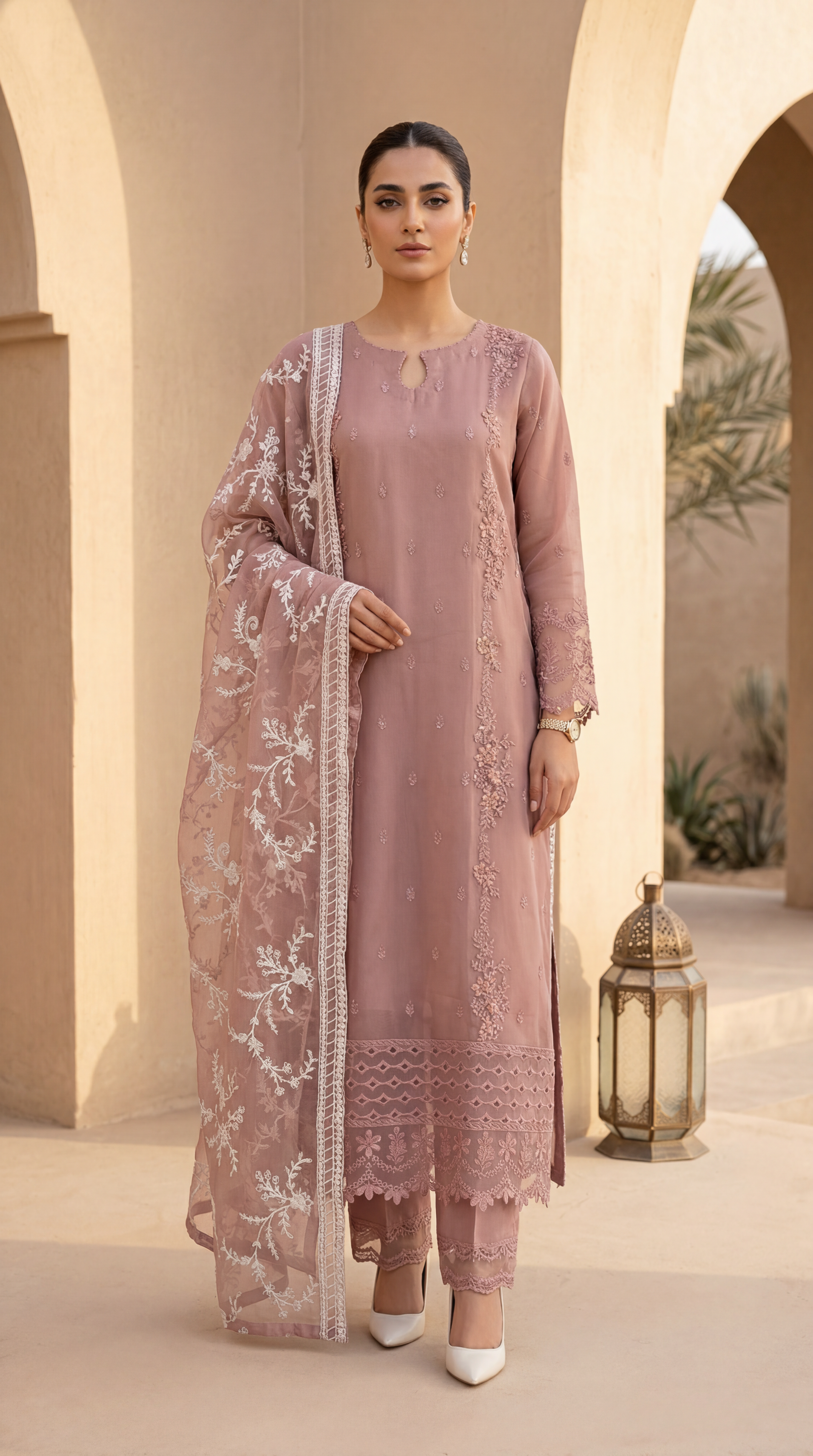 Ladies 3 Pc Embroidered  Suit Crimson Grace   - PL00573 PINK / SML