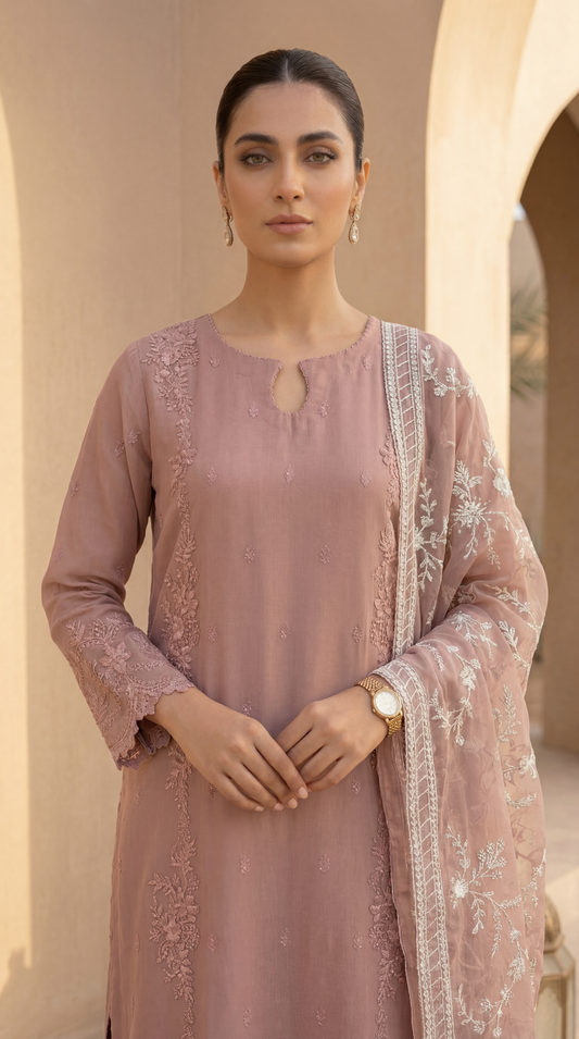 Ladies 3 Pc Embroidered  Suit Crimson Grace   - PL00573 PINK / SML