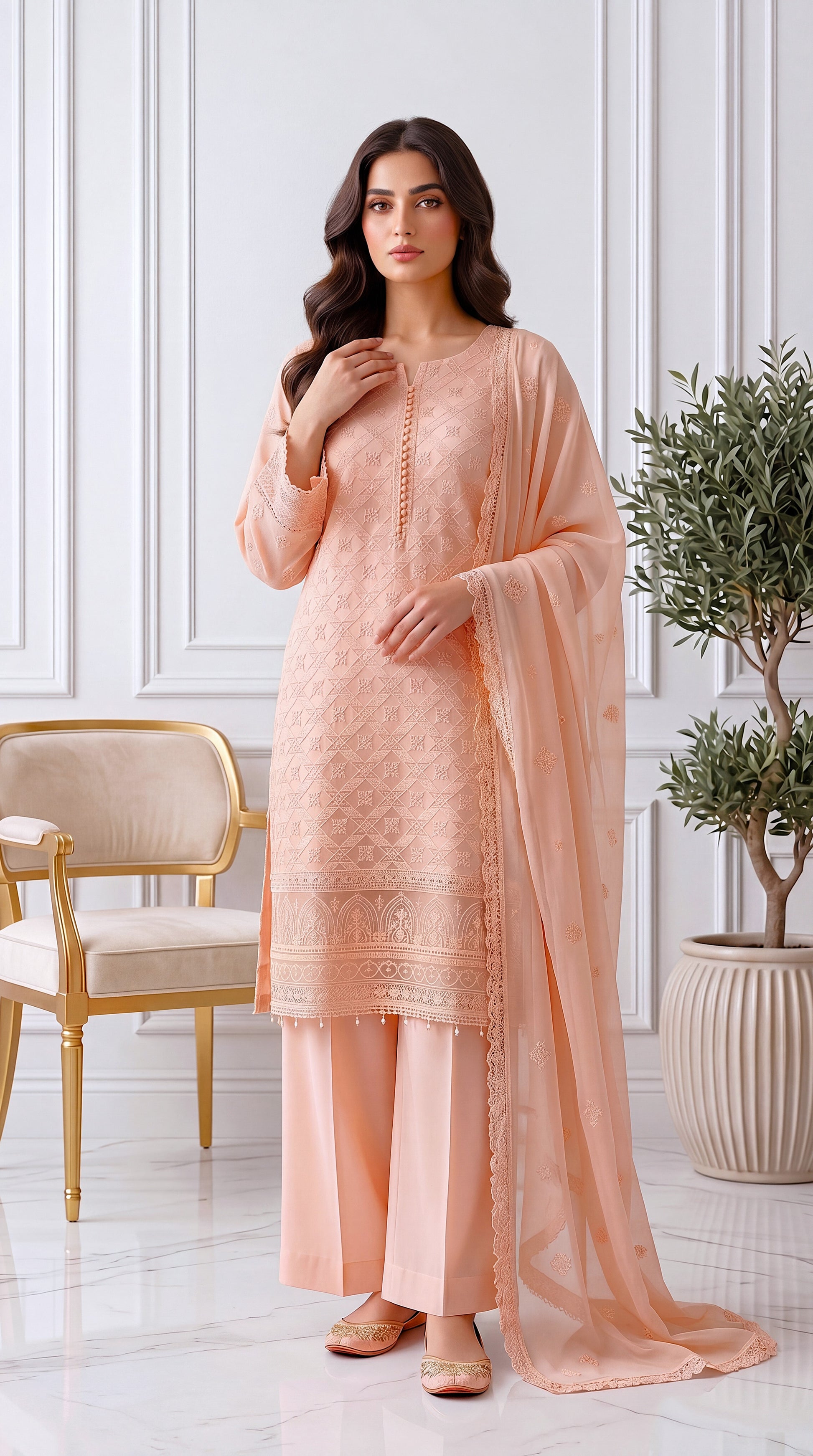 Luxury Formal PL00585 Black Heavy Embroidered Dupatta 3 Piece PINK / SML
