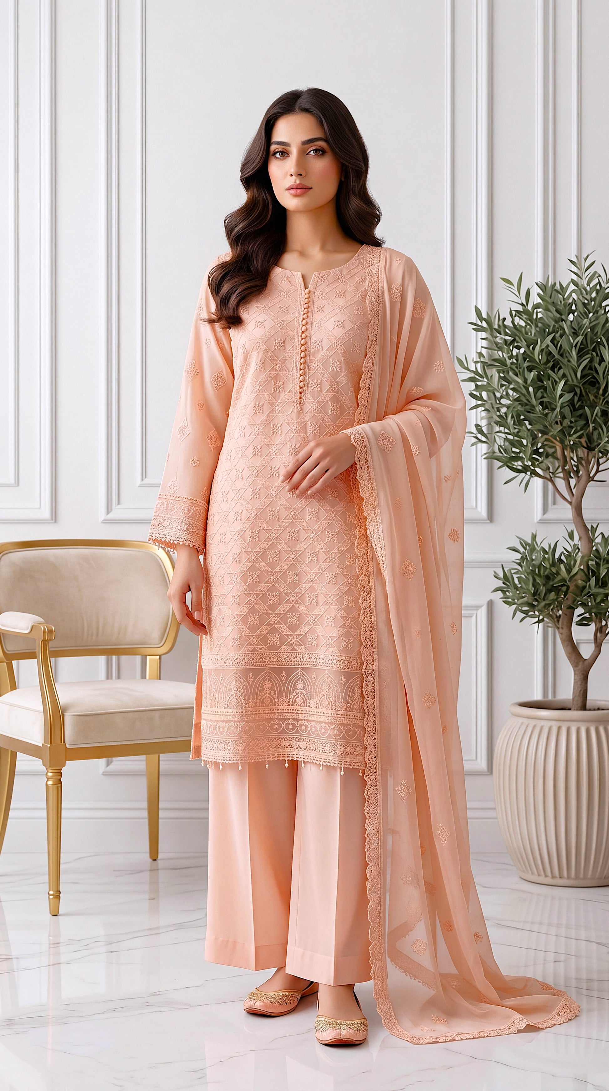 Luxury Formal PL00585 Black Heavy Embroidered Dupatta 3 Piece PINK / SML