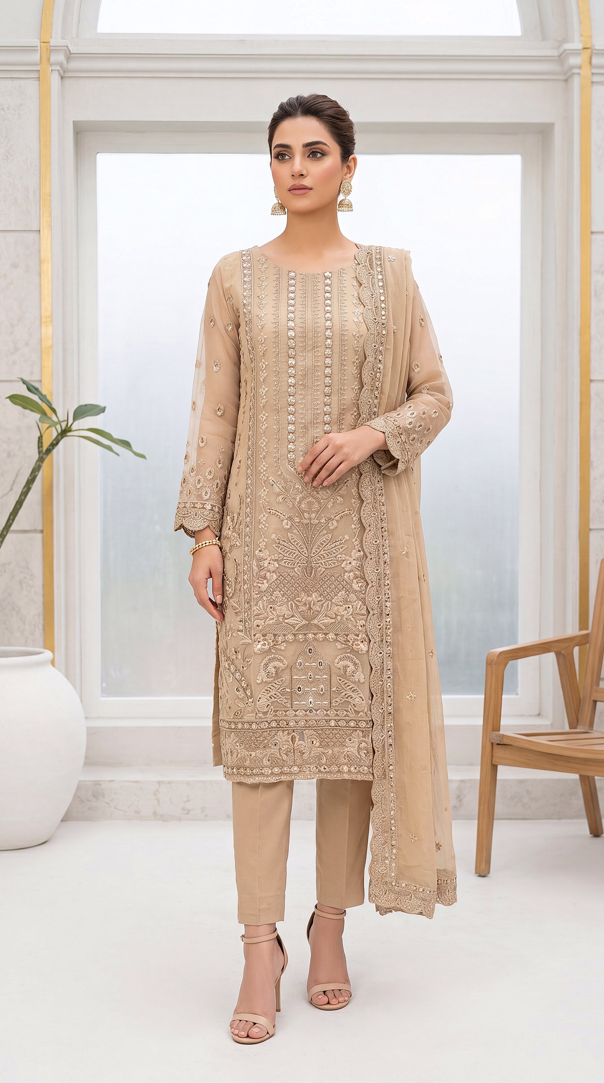Peach Pink Aari Emb & Online Boutique Style 3 Piece Women Suit - PL00625 SKIN / SML