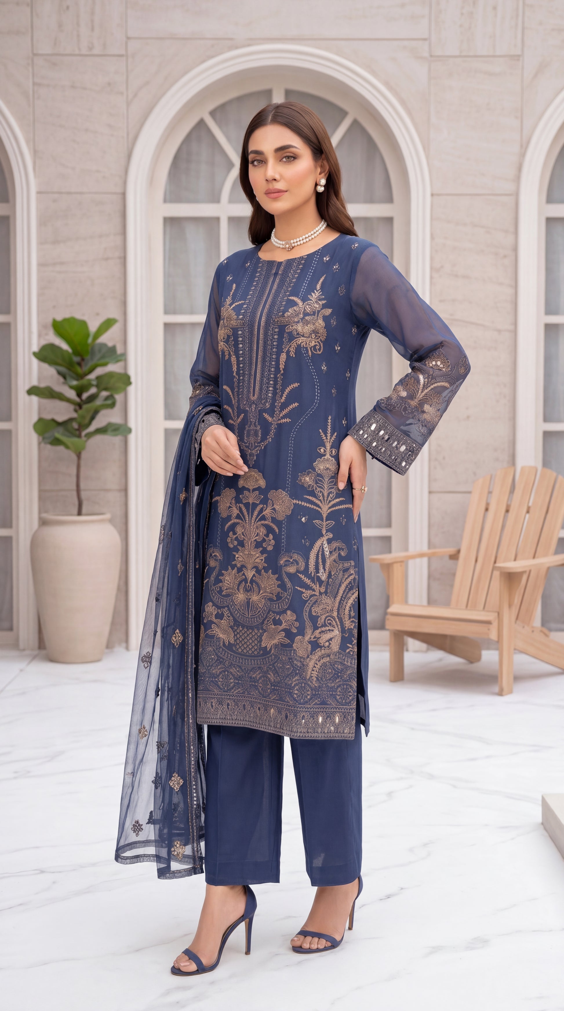 Sky Blue Ethnic Motif Border & Premium Threadwork 3 Piece Women Suit - PL00626 BLUE / SML