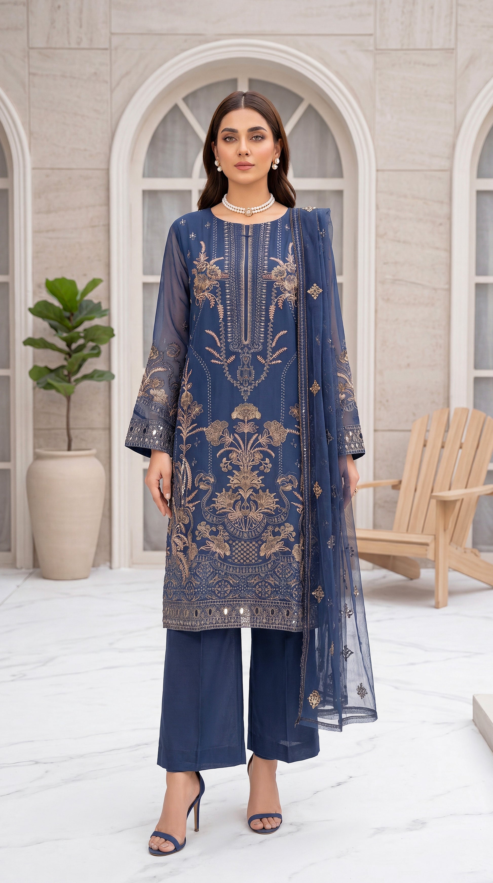 Sky Blue Ethnic Motif Border & Premium Threadwork 3 Piece Women Suit - PL00626 BLUE / SML