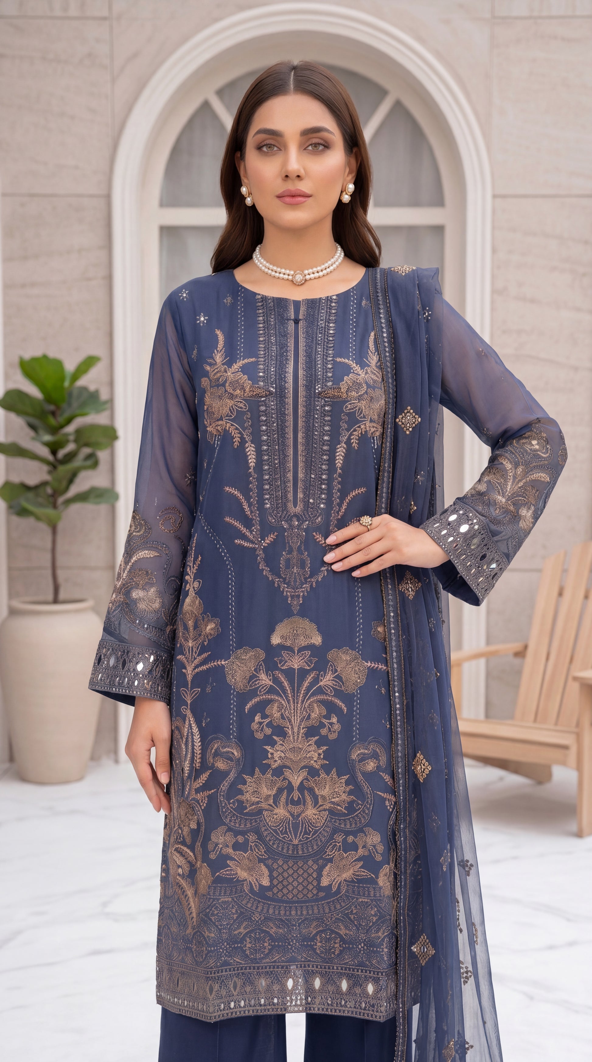 Sky Blue Ethnic Motif Border & Premium Threadwork 3 Piece Women Suit - PL00626 BLUE / SML