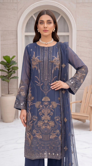 Sky Blue Ethnic Motif Border & Premium Threadwork 3 Piece Women Suit - PL00626 BLUE / SML