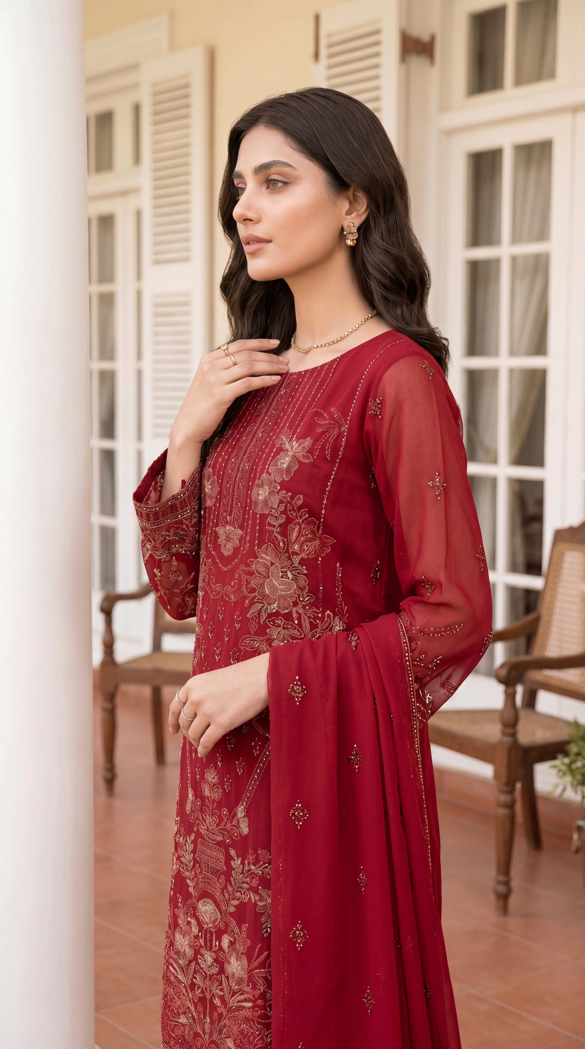 Ladies Luxury Chikankari Suit PL00636 Schiffli Embroidered 3 Piece MEHROON / SML