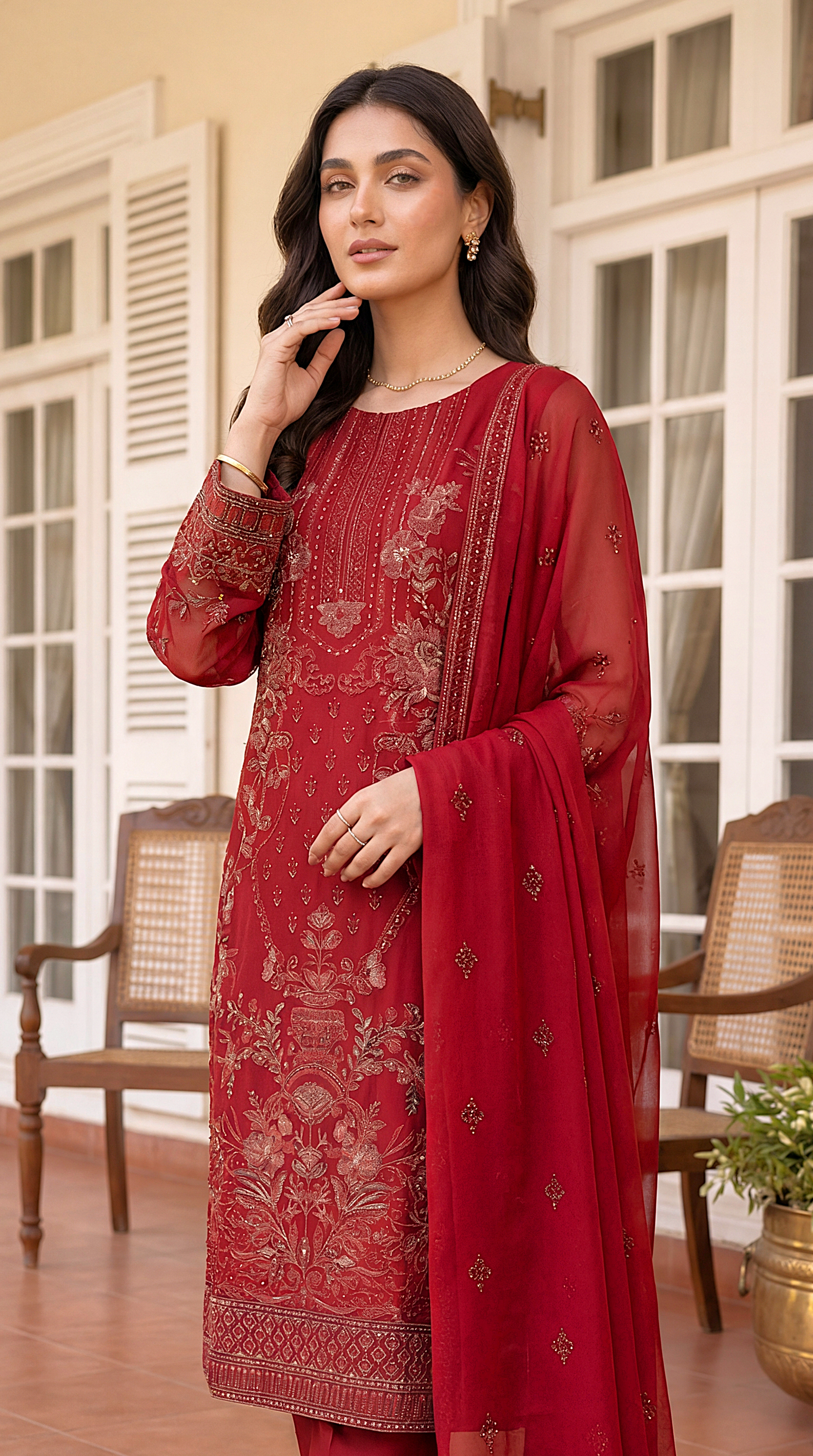 Ladies Luxury Chikankari Suit PL00636 Schiffli Embroidered 3 Piece MEHROON / SML