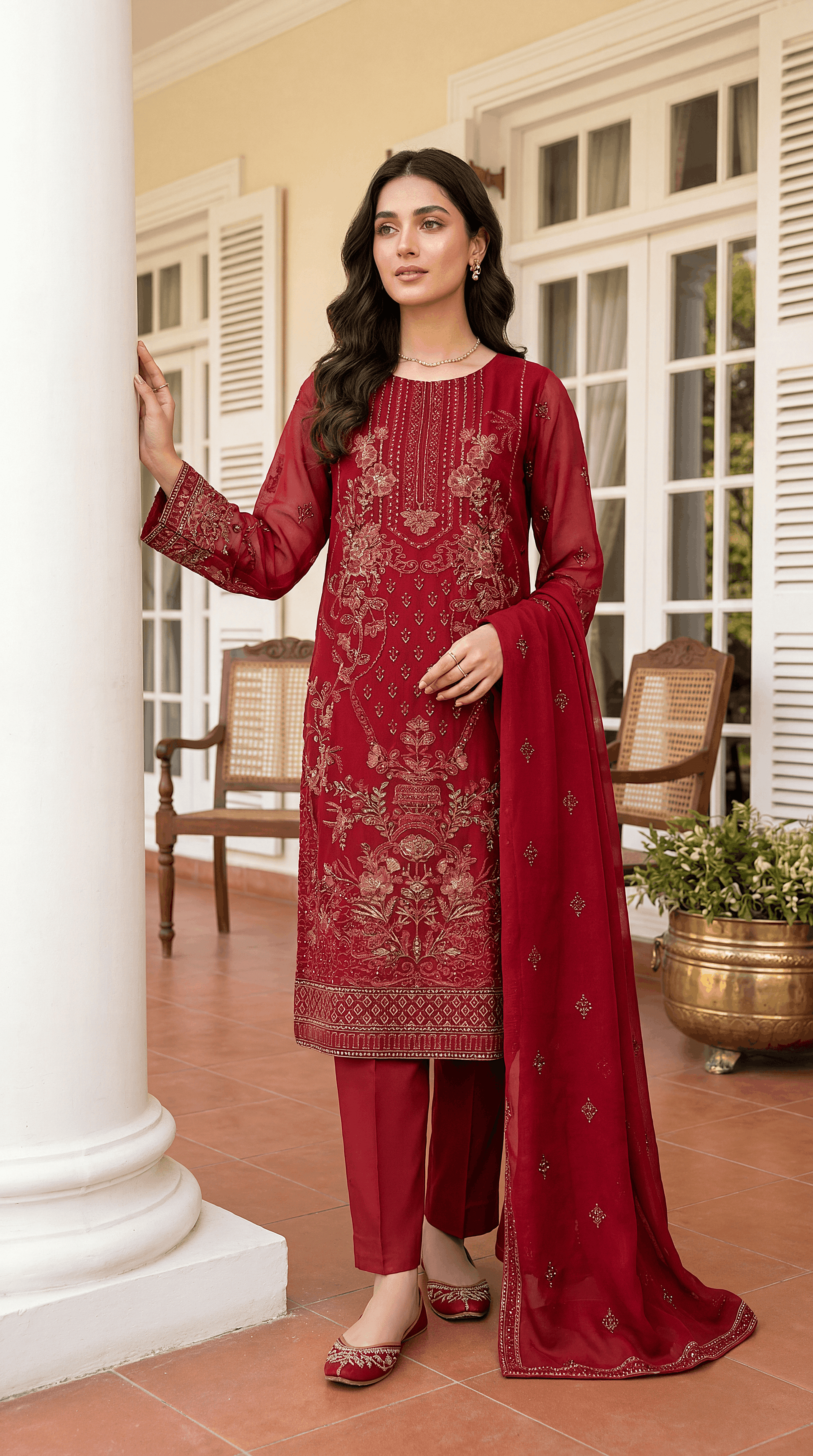 Ladies Luxury Chikankari Suit PL00636 Schiffli Embroidered 3 Piece MEHROON / SML