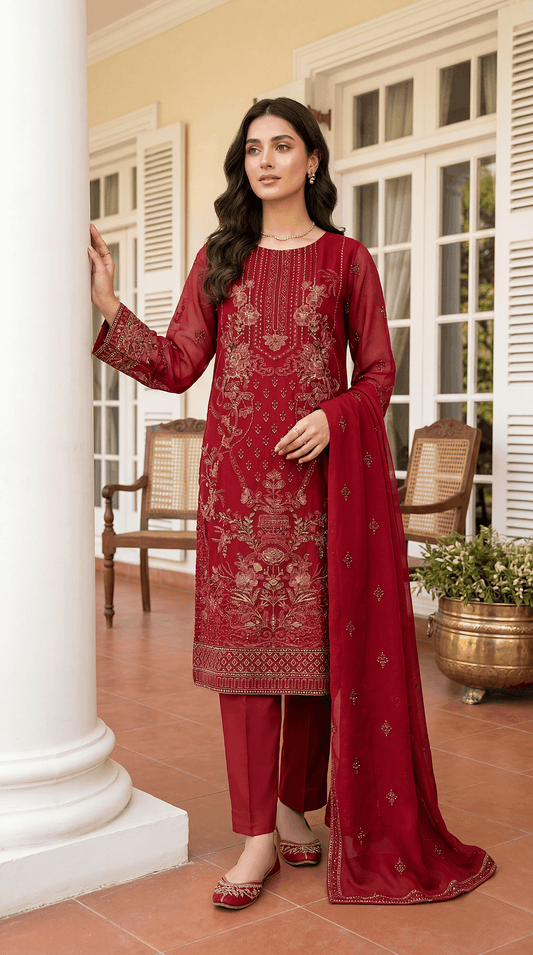Ladies Luxury Chikankari Suit PL00636 Schiffli Embroidered 3 Piece MEHROON / SML