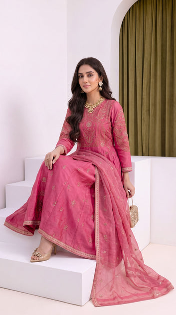 Ladies Suit PL00656 – Rose Pink Festive Embroidered  3 PC