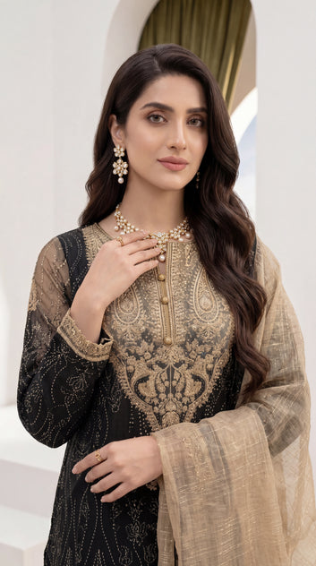 Ladies Suit PL00674 – Black Gold Embroidered  3 Piece Silk