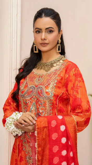 Ladies Suit PL00680 – Orange Ethnic Embroidered 3 Piece Monar