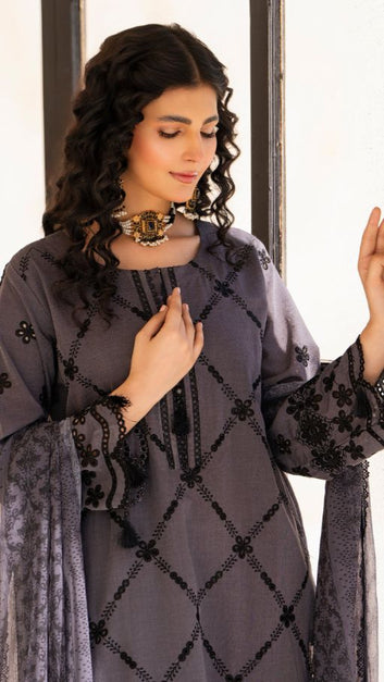 Ladies Suit PL00683 – Charcoal Ethnic Embroidered 3 Piece Linen