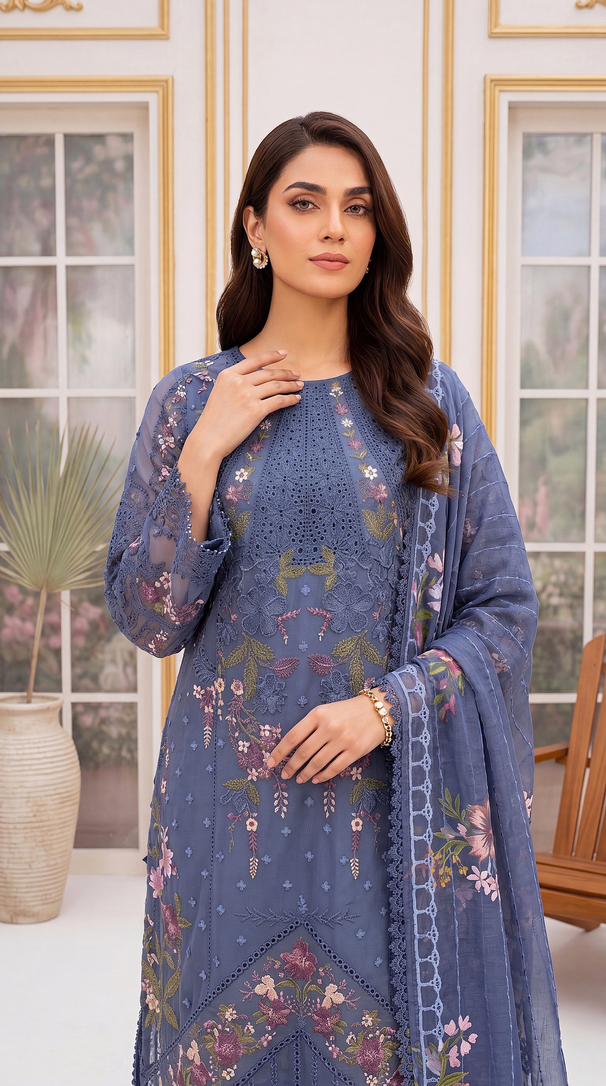 Emerald Green Contrast Piping & Cotton Net Dupatta 3 Piece Women Suit - PL00686 NAVEY / SML
